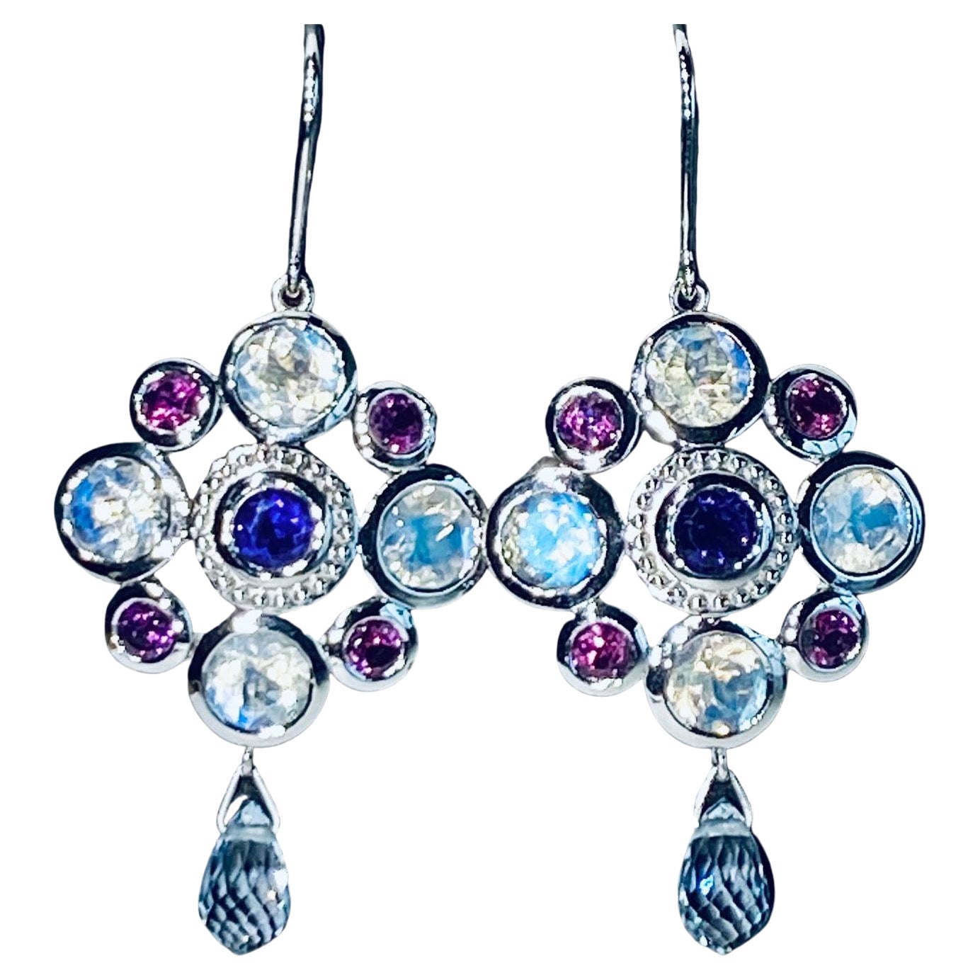 18kt White Gold Earrings with Moonstone, Garnet, Amethyst 
Sapphire For Sale