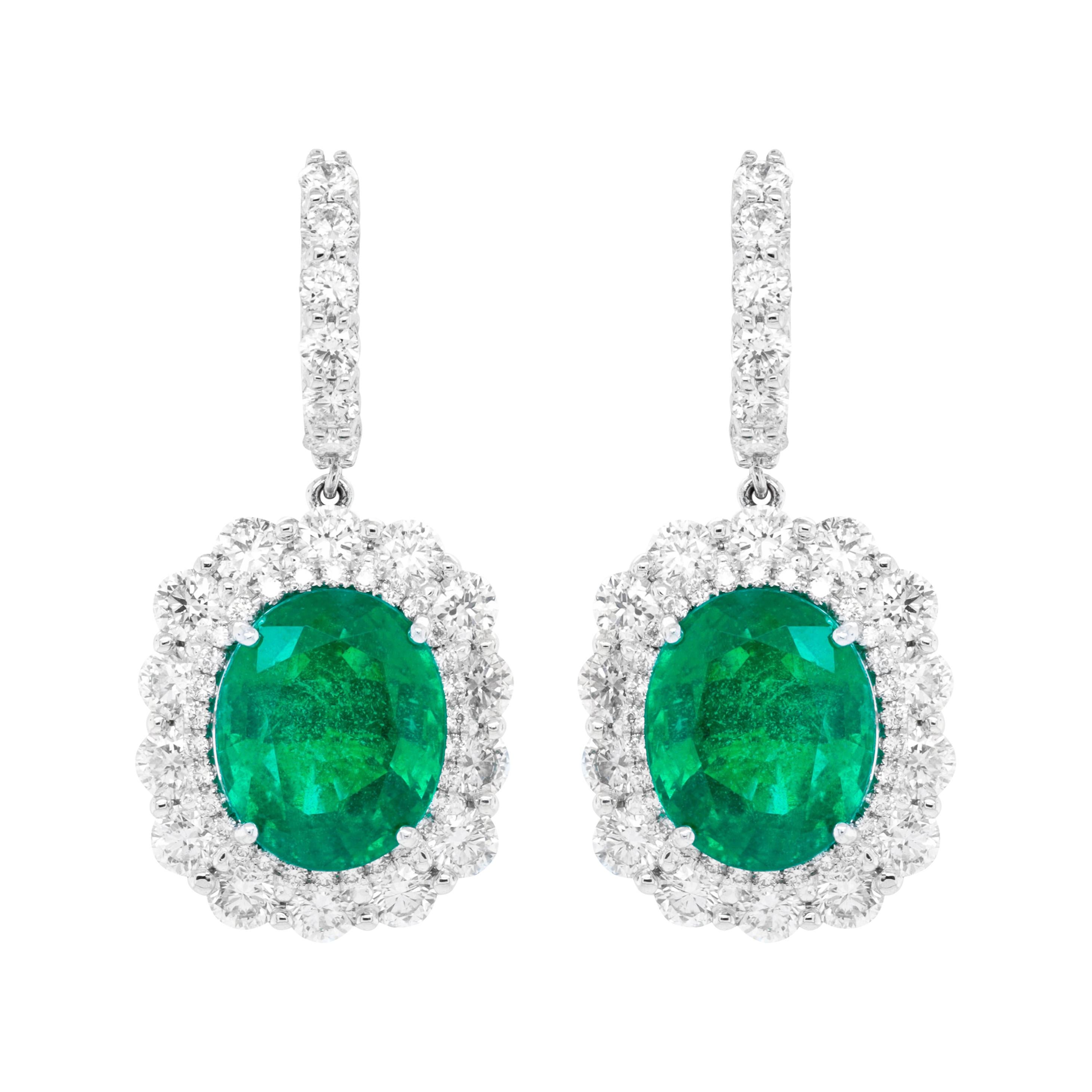 Diana M. 18KT White Gold Earrings with Oval Green Emerald & Round White Diamond For Sale