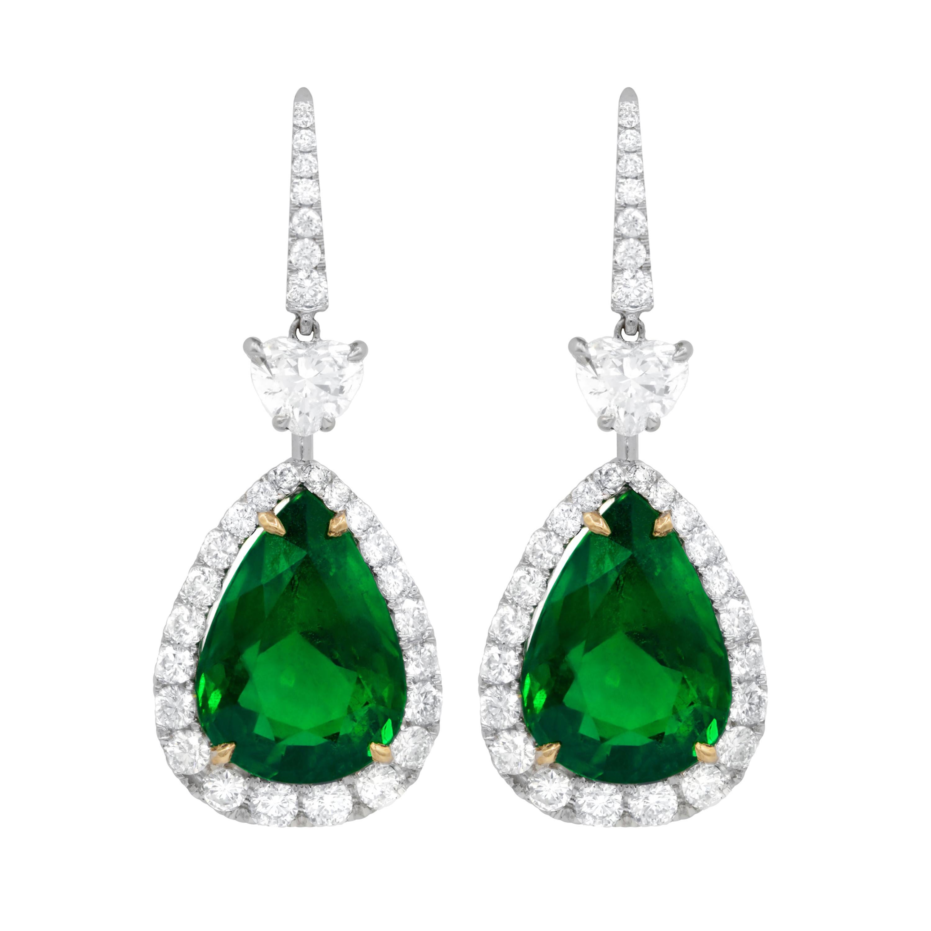 Diana M. 18kt White Gold Earrings with Pear Shape Emerald & White Diamonds