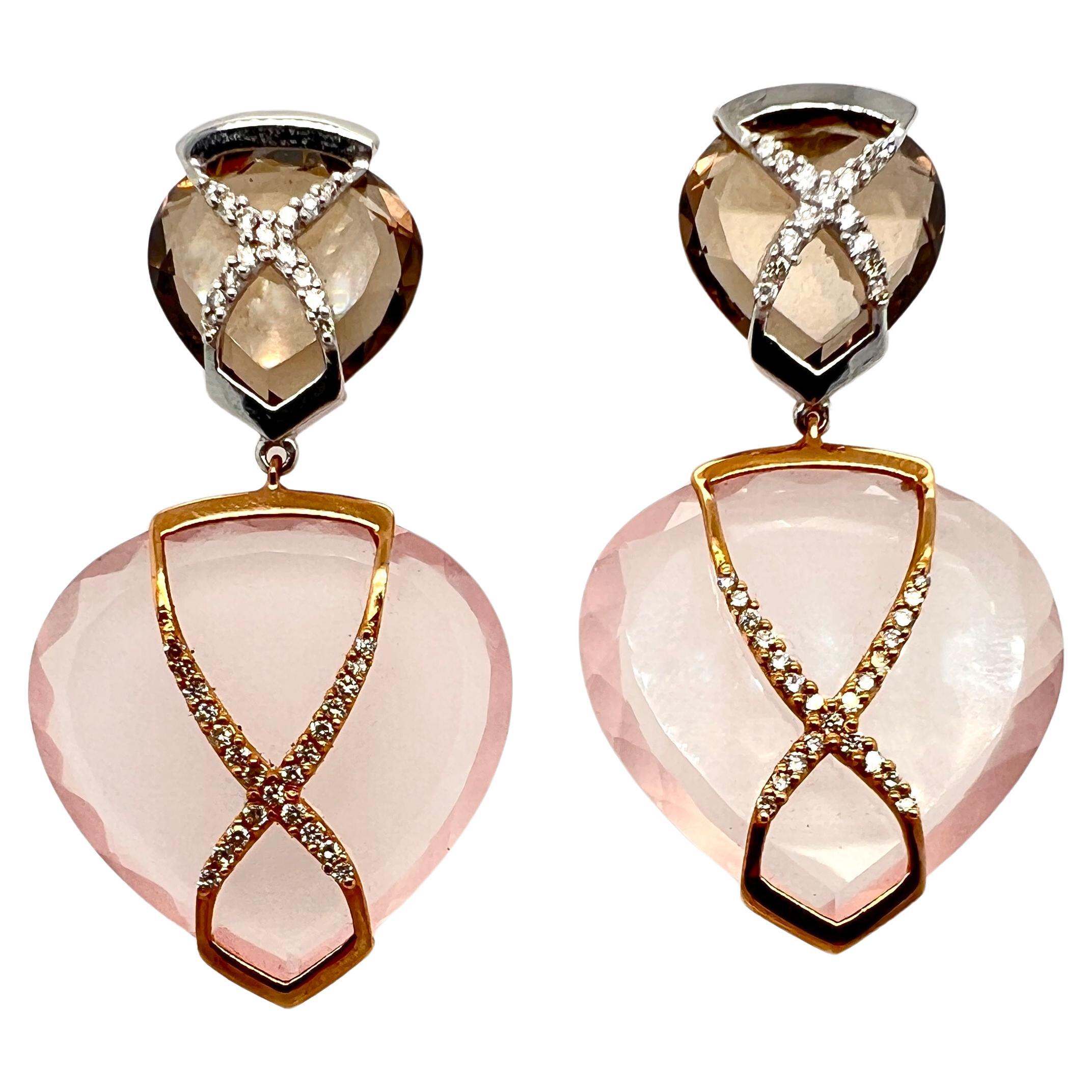 Boucles d'oreilles en or blanc 18 carats avec gouttes et diamants en quartz fumé et quartz rose