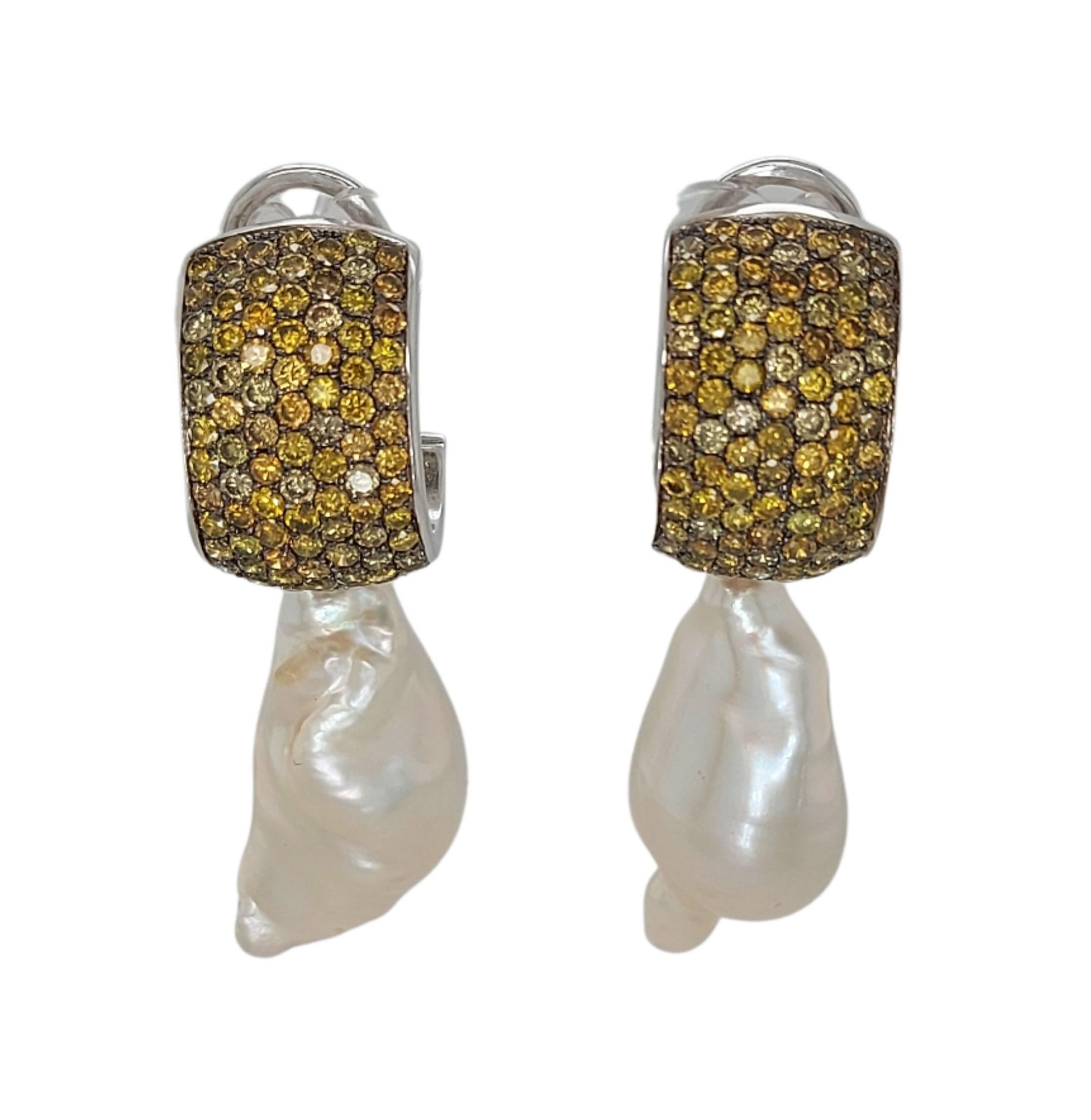 Brilliant Cut 18kt White Gold Earrings with Yellow/Cognac 5.25ct Diamonds & 4 Removable Pieces For Sale