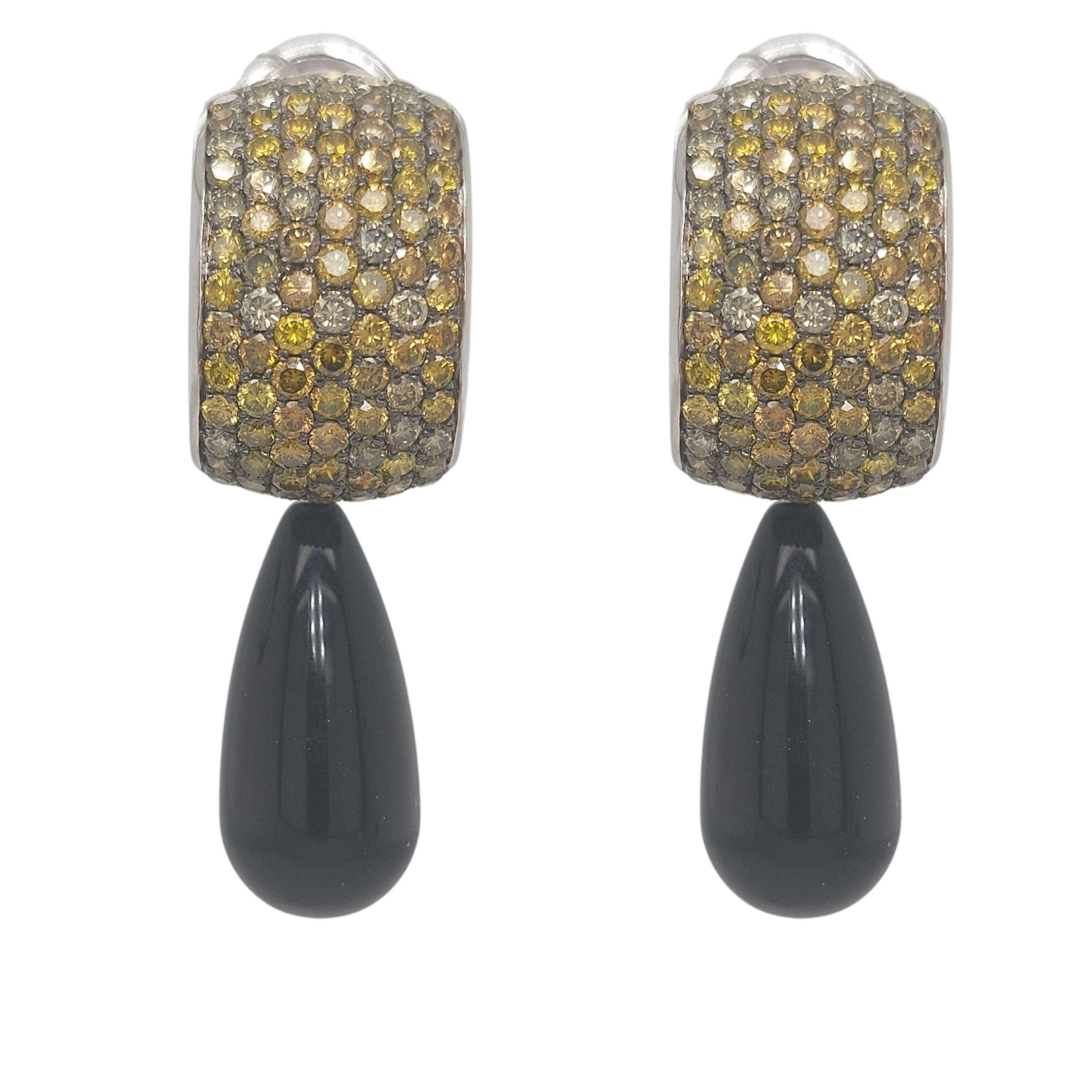 Women's or Men's 18kt White Gold Earrings with Yellow/Cognac 5.25ct Diamonds & 4 Removable Pieces For Sale