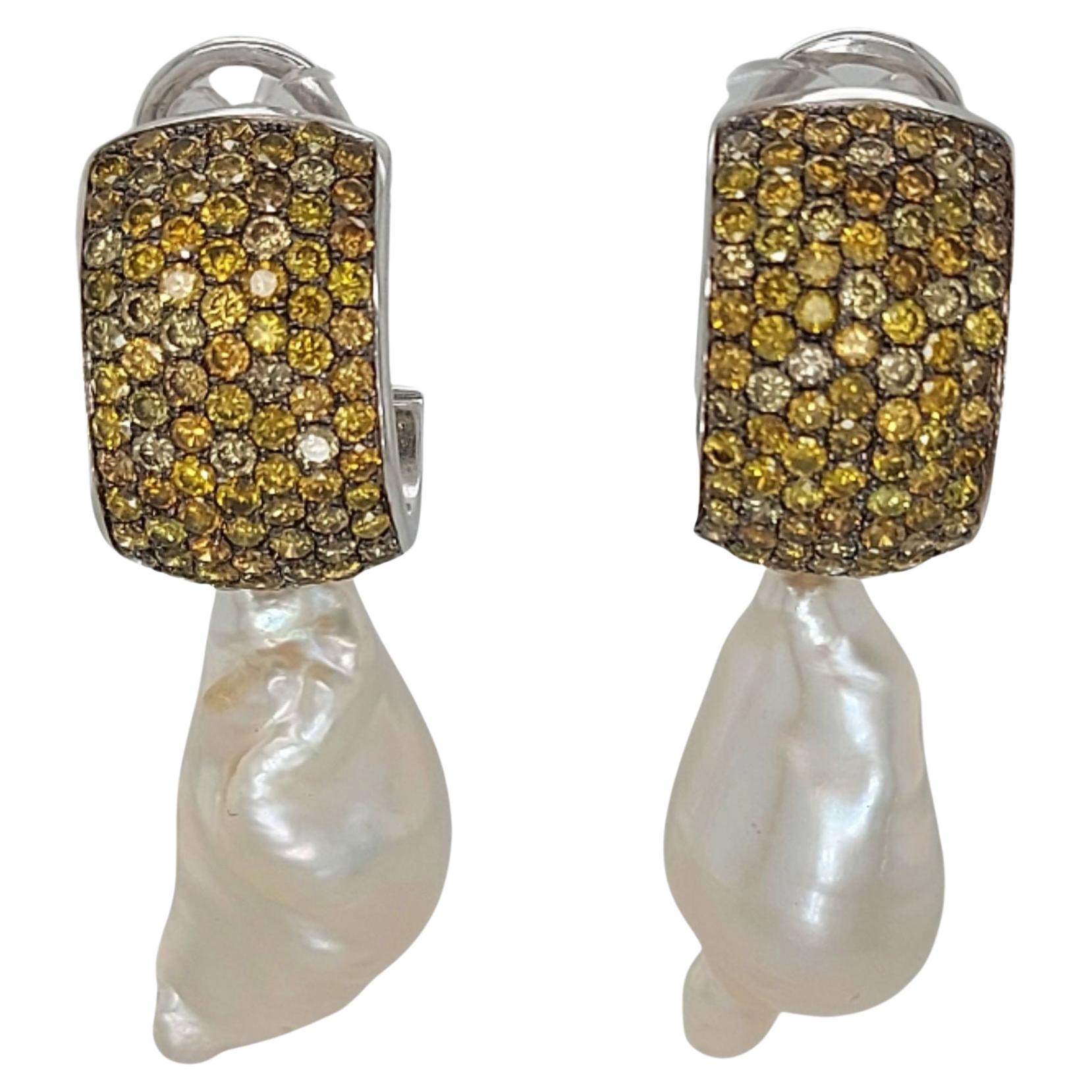 18kt White Gold Earrings with Yellow/Cognac 5.25ct Diamonds & 4 Removable Pieces For Sale