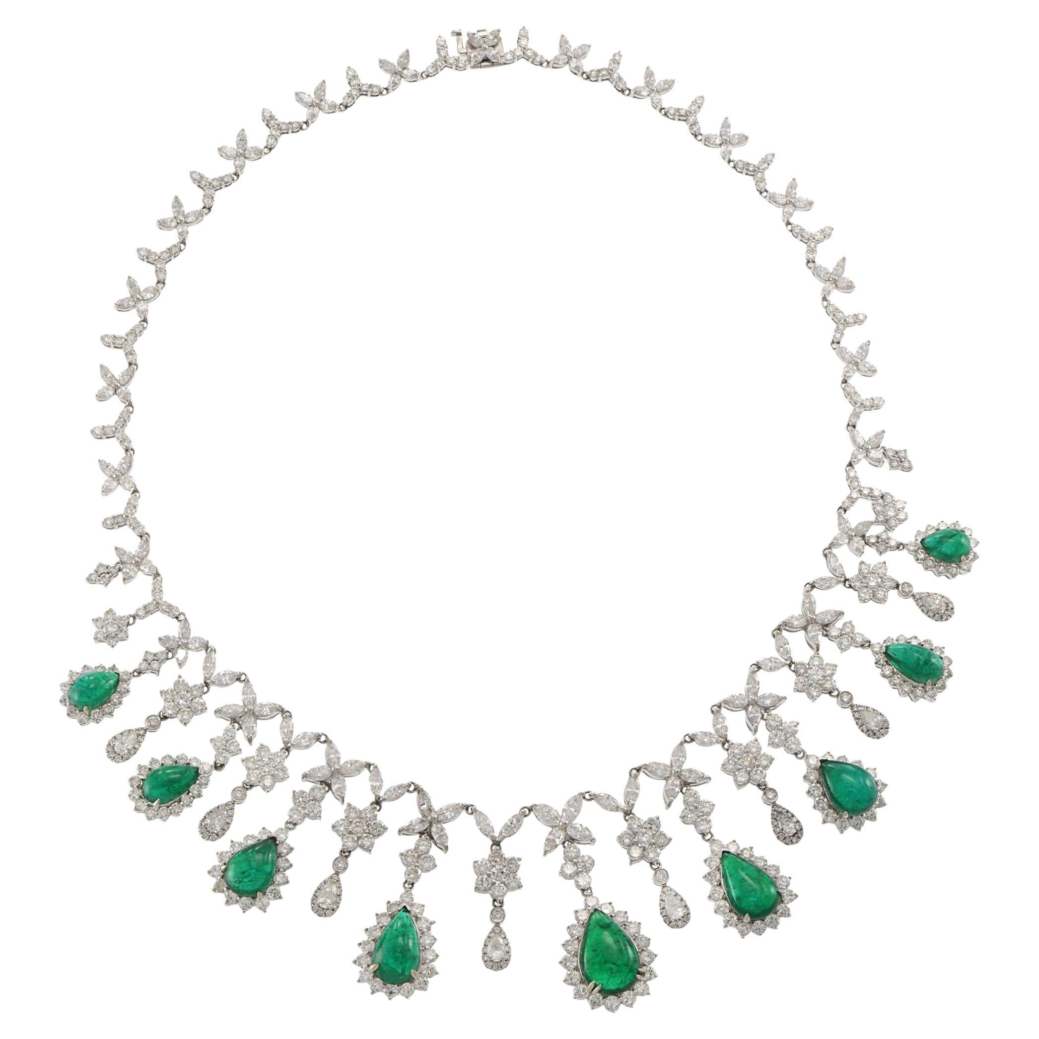 18KT White Gold Emerald and Diamond Bib Necklace