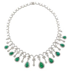 18KT White Gold Emerald and Diamond Bib Necklace