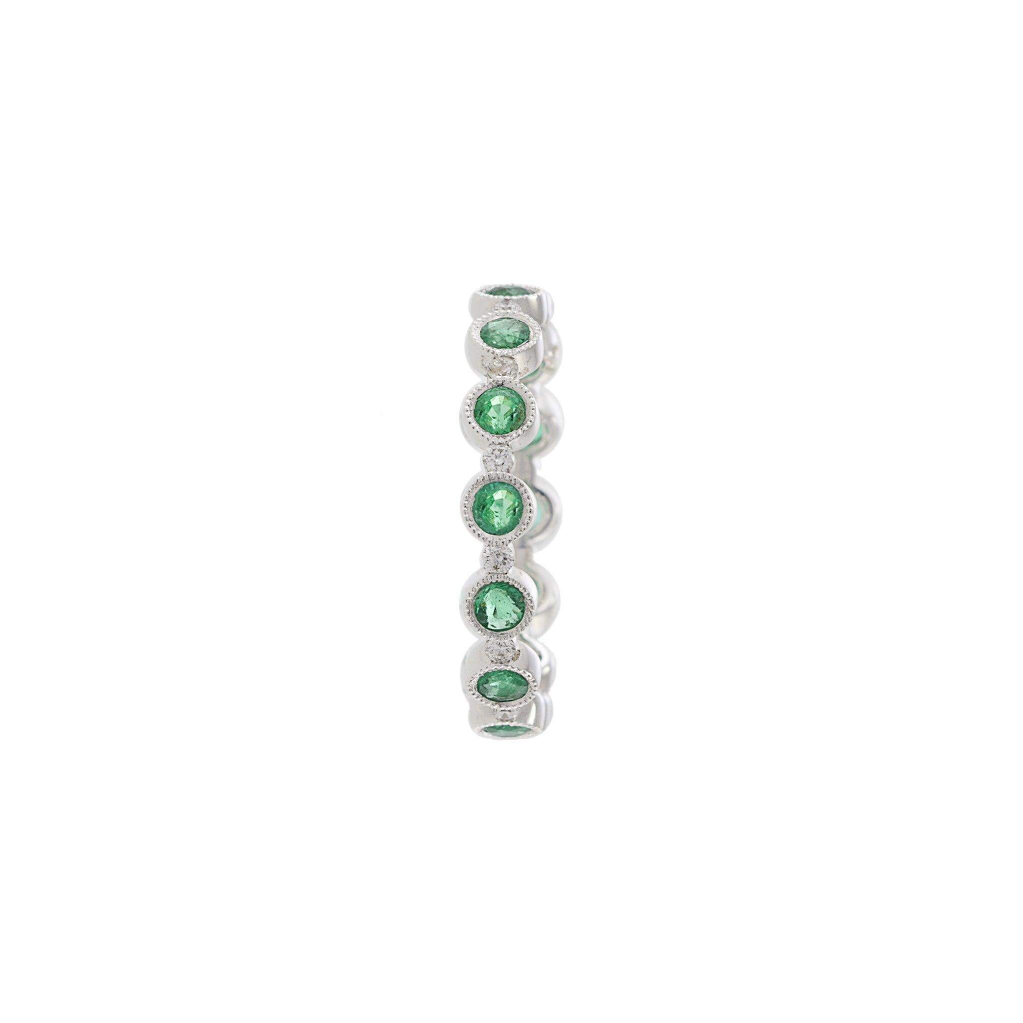 Modern 18KT White Gold Emerald and Diamond Eternity Band For Sale