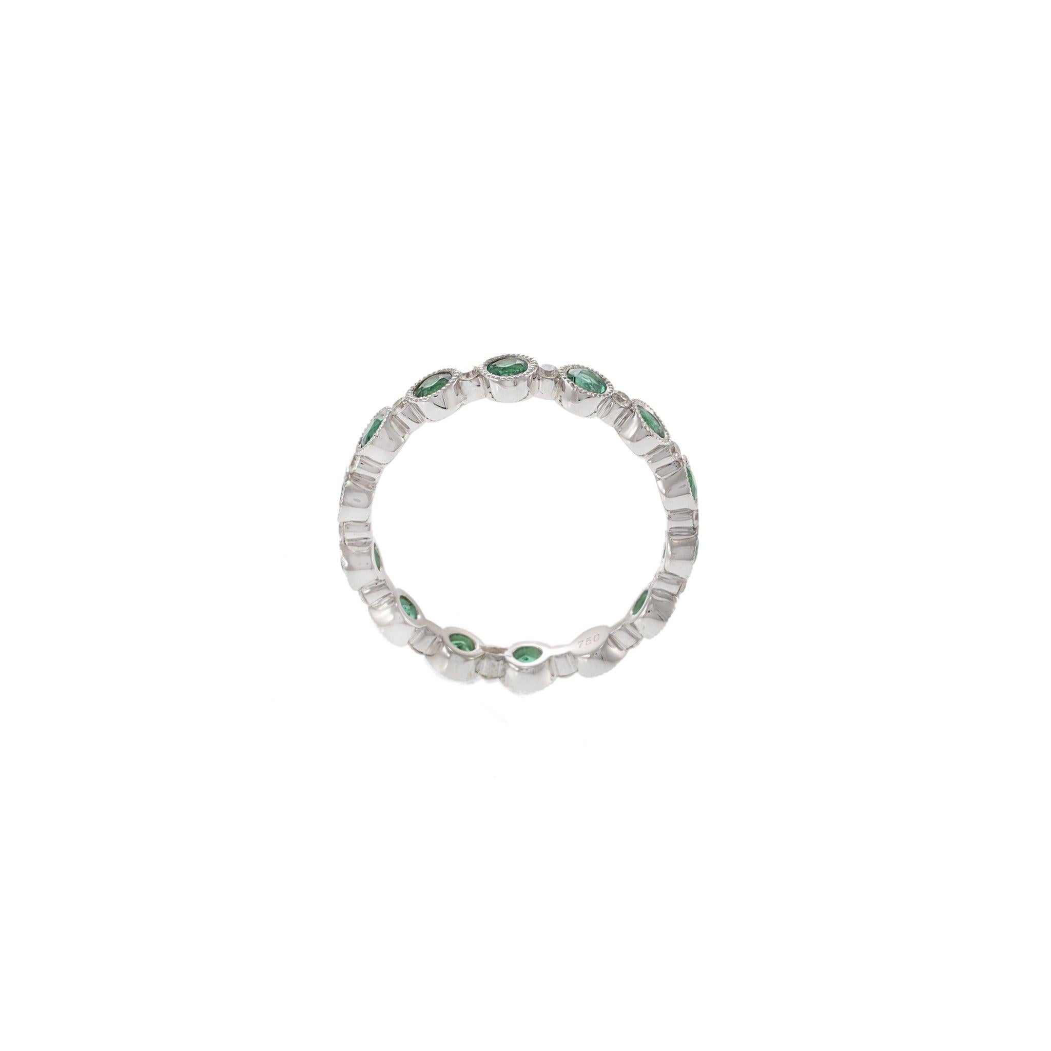 Round Cut 18KT White Gold Emerald and Diamond Eternity Band For Sale