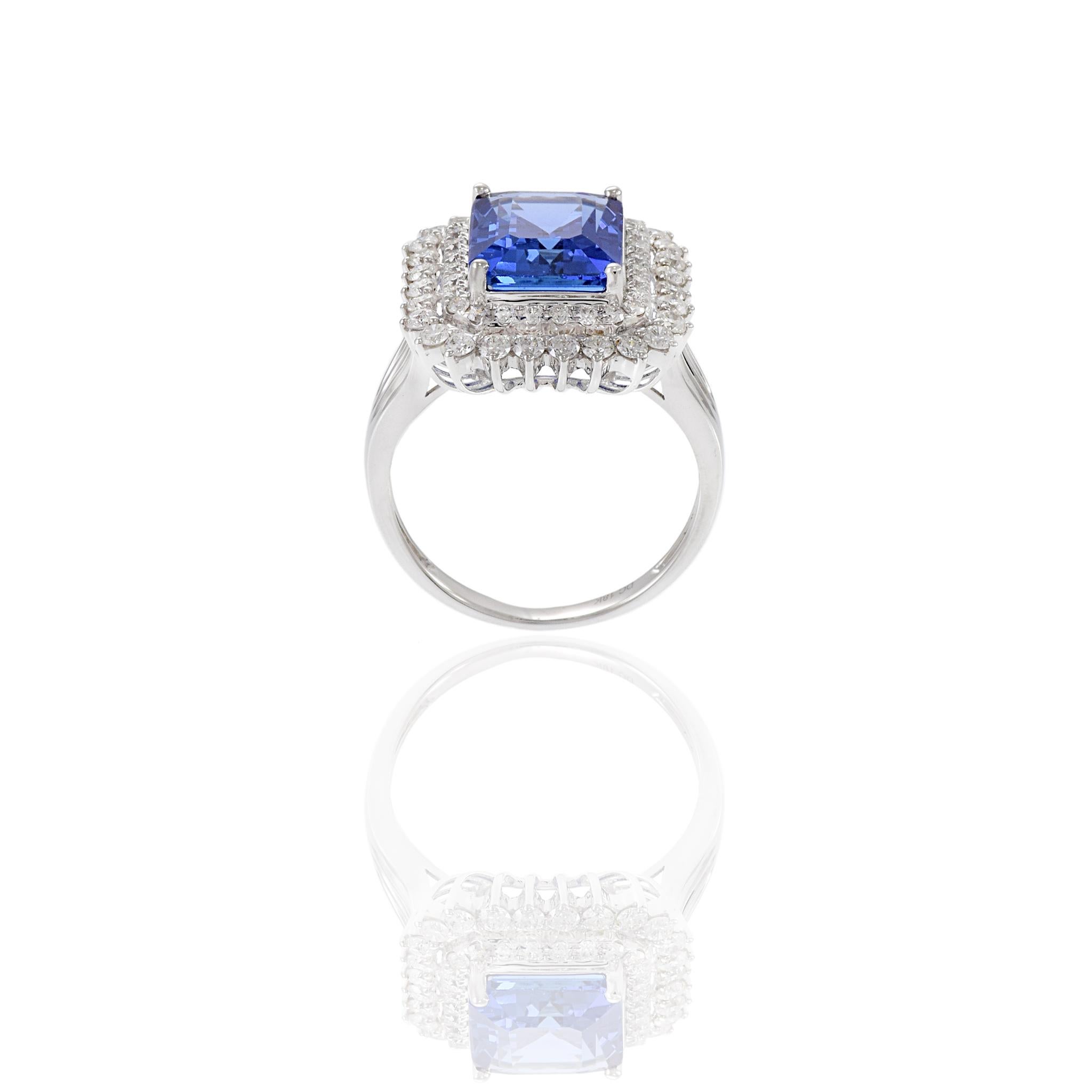 18KT White Gold Emerald Cut Tanzanite And Diamond Ring For Sale 5