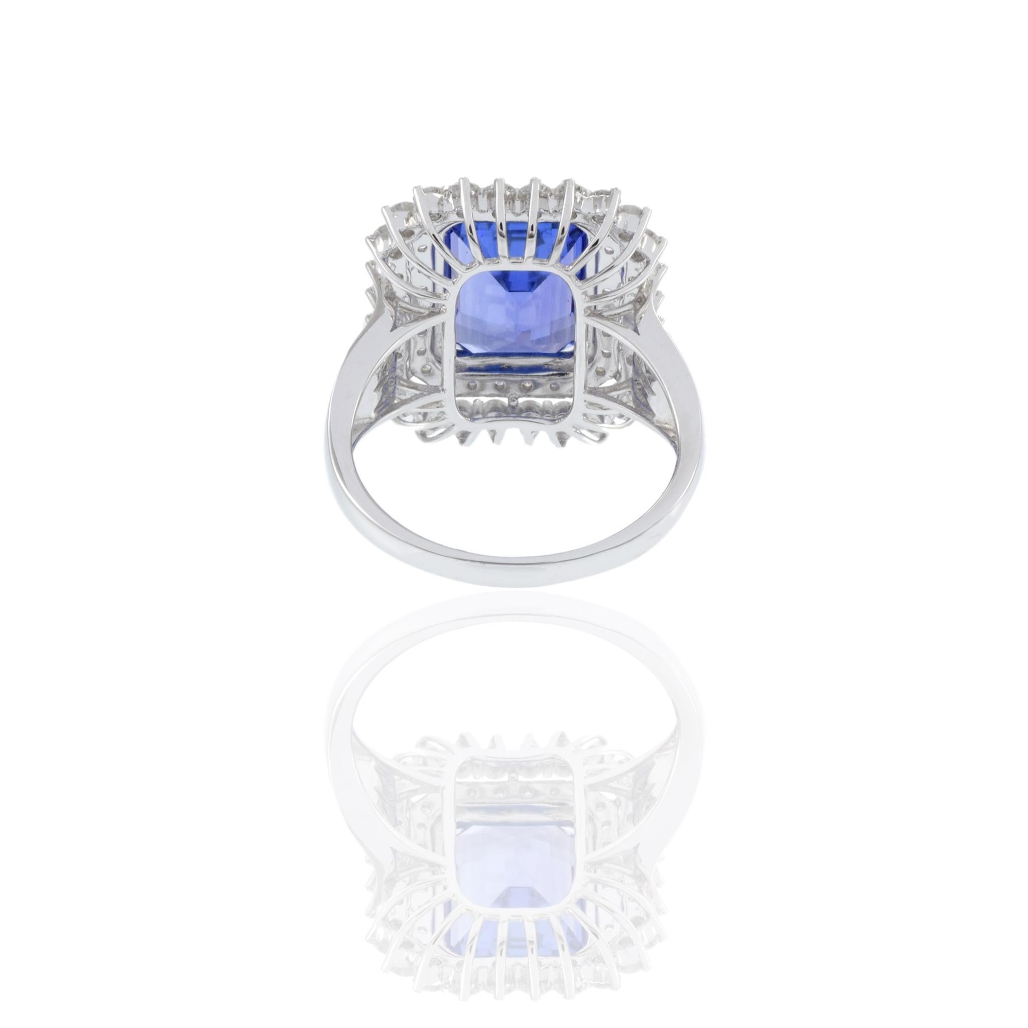 18KT White Gold Emerald Cut Tanzanite And Diamond Ring For Sale 2