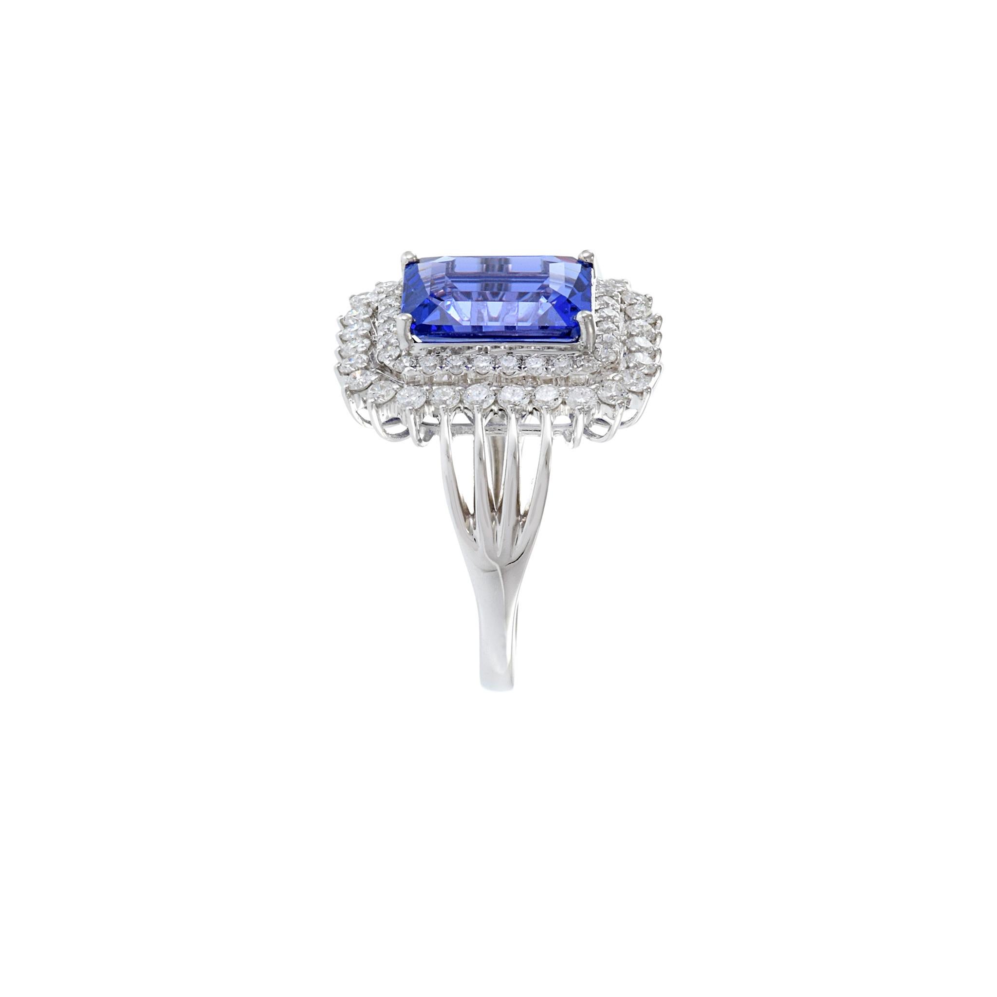 18KT White Gold Emerald Cut Tanzanite And Diamond Ring For Sale 3