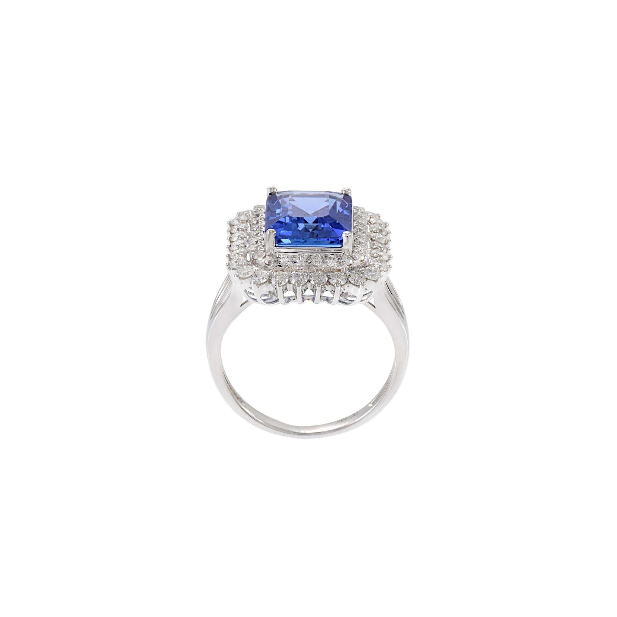 18KT White Gold Emerald Cut Tanzanite And Diamond Ring For Sale 4