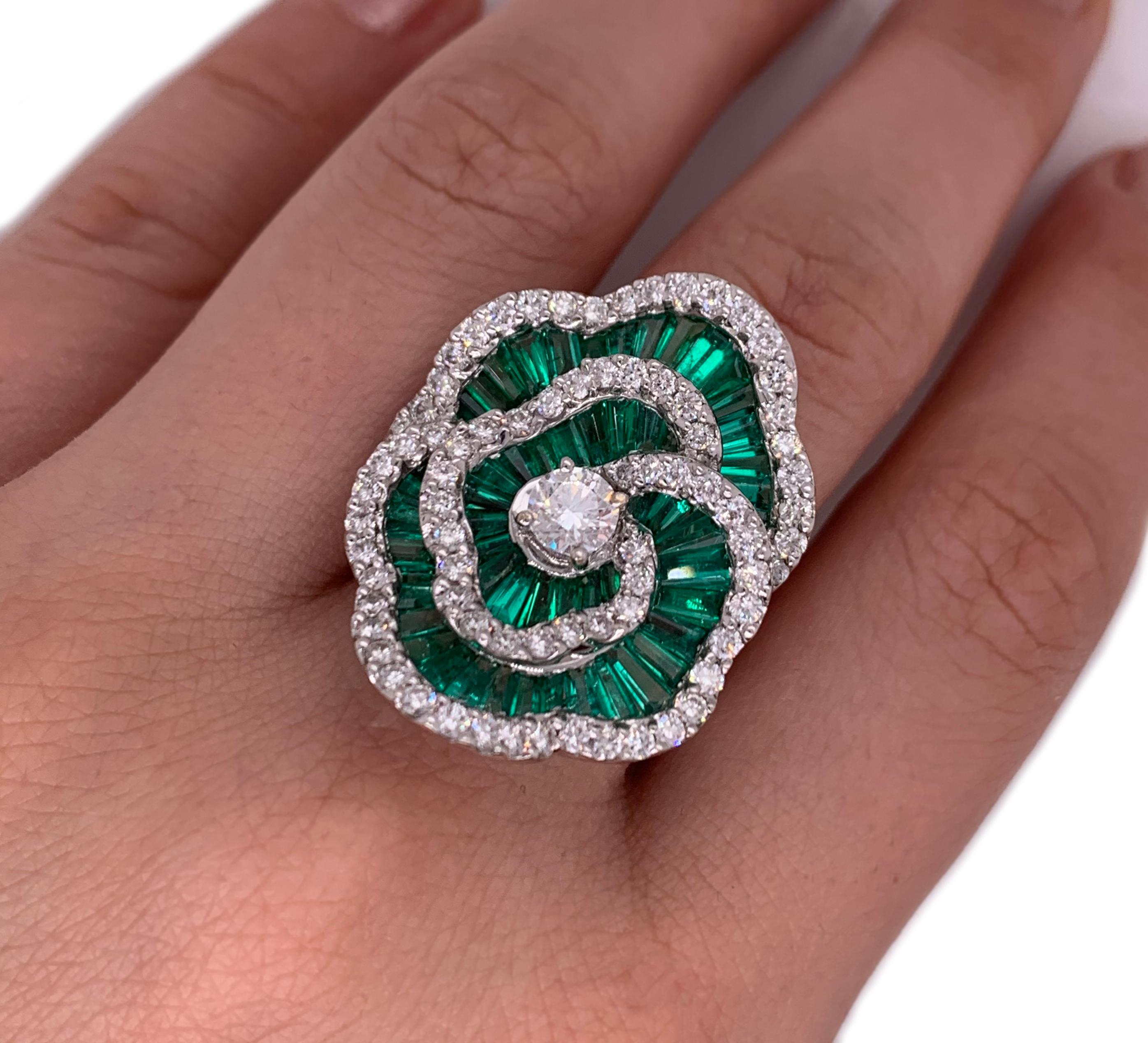 Emerald Cut 18 Karat White Gold Emerald and Diamond Flower Ring For Sale