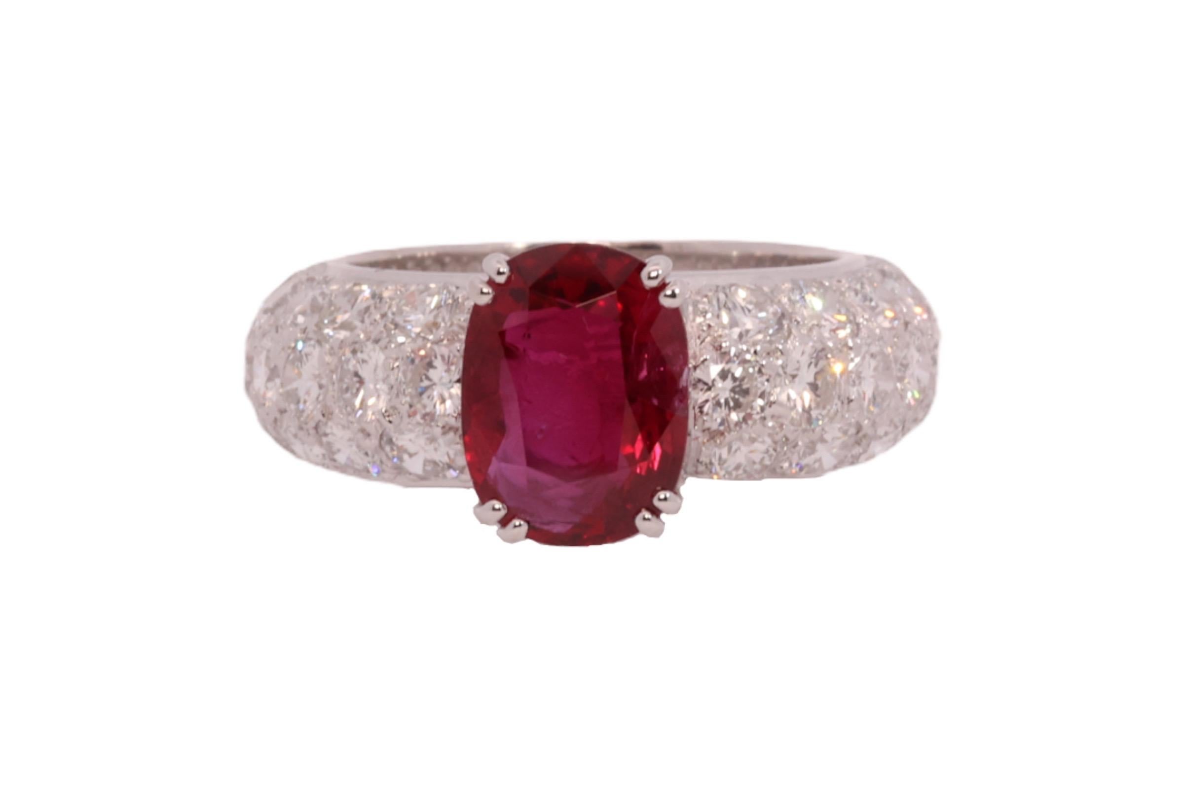 Magnificent 18kt White Gold Eternity Ring with 5.58ct Diamonds 3.03 ct. Ruby with GRS Certificate

Ruby: Natural Siam Ruby, 3.03 ct., Brilliant cute, Oval shape, Vivid Red Comes with GRS certificate.

Diamonds: 62 brilliant cut diamonds, together
