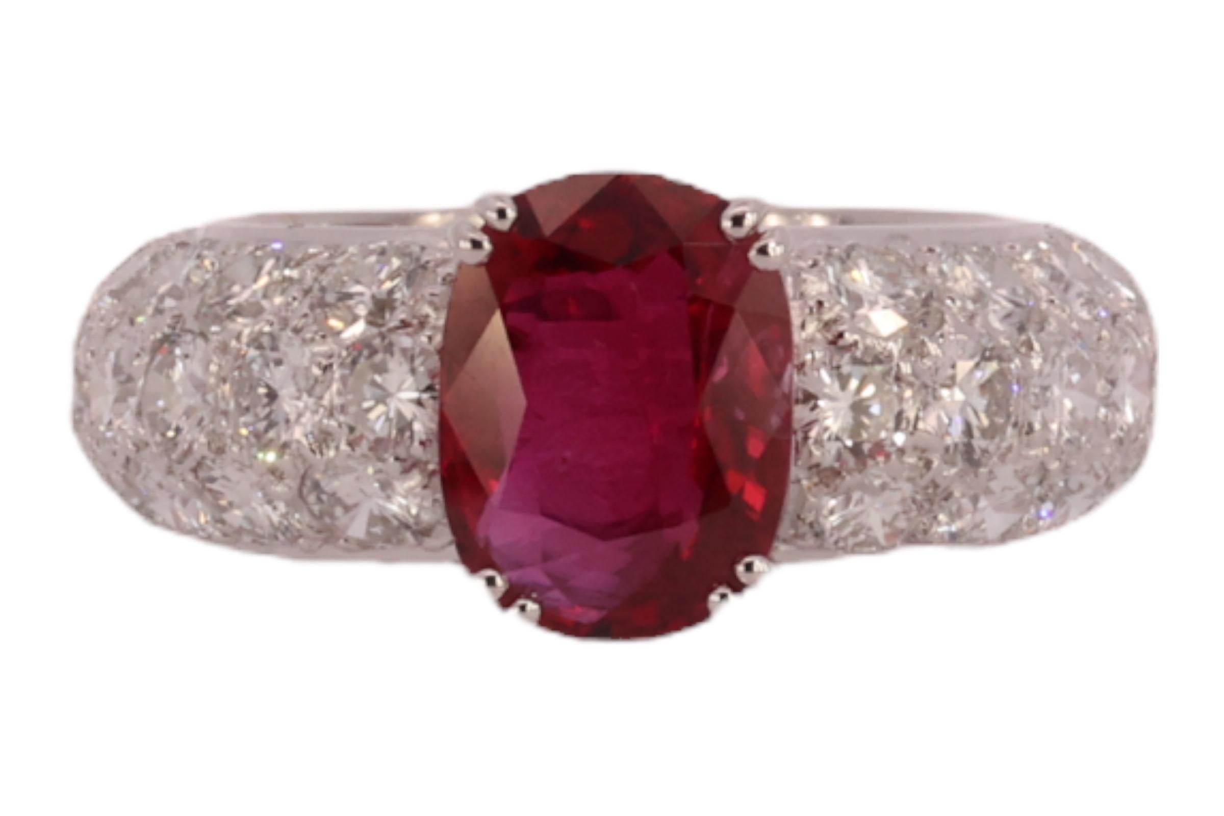 Artisan 18 Karat White Gold Eternity Ring Diamonds 3.03ct Vivid Red Ruby GRS Certifified For Sale