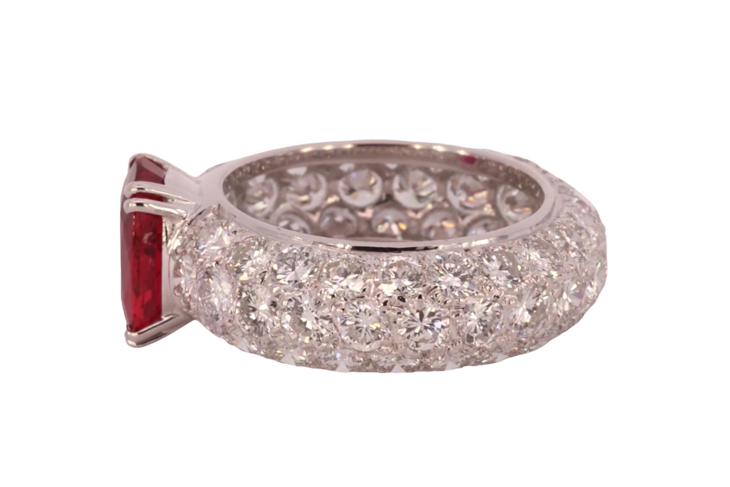 18 Karat White Gold Eternity Ring Diamonds 3.03ct Vivid Red Ruby GRS Certifified For Sale 1