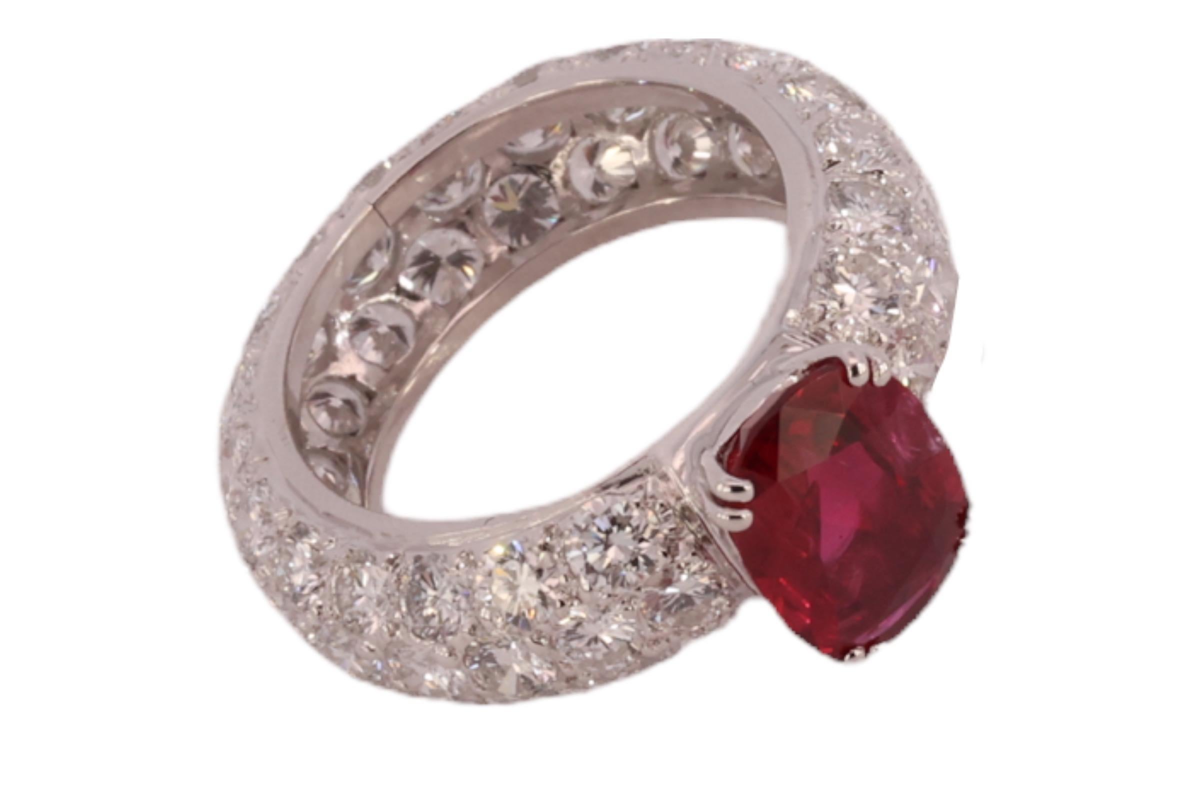 18 Karat White Gold Eternity Ring Diamonds 3.03ct Vivid Red Ruby GRS Certifified For Sale 2