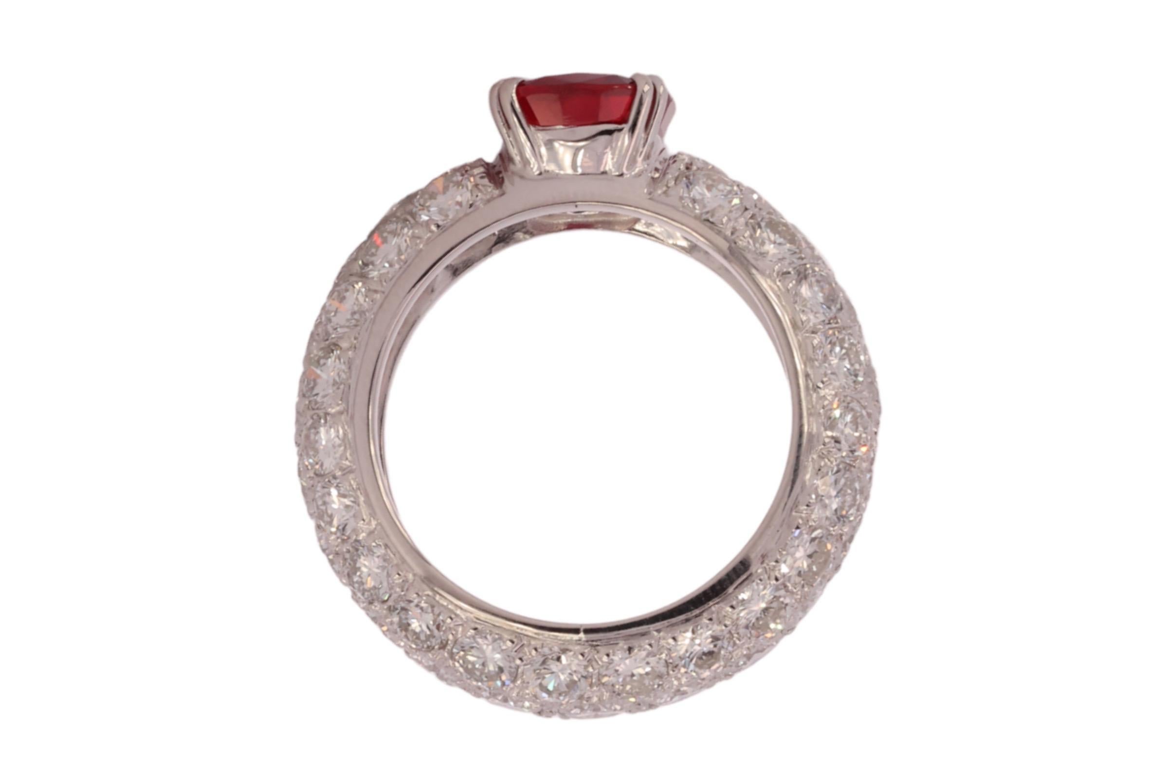18 Karat White Gold Eternity Ring Diamonds 3.03ct Vivid Red Ruby GRS Certifified For Sale 3