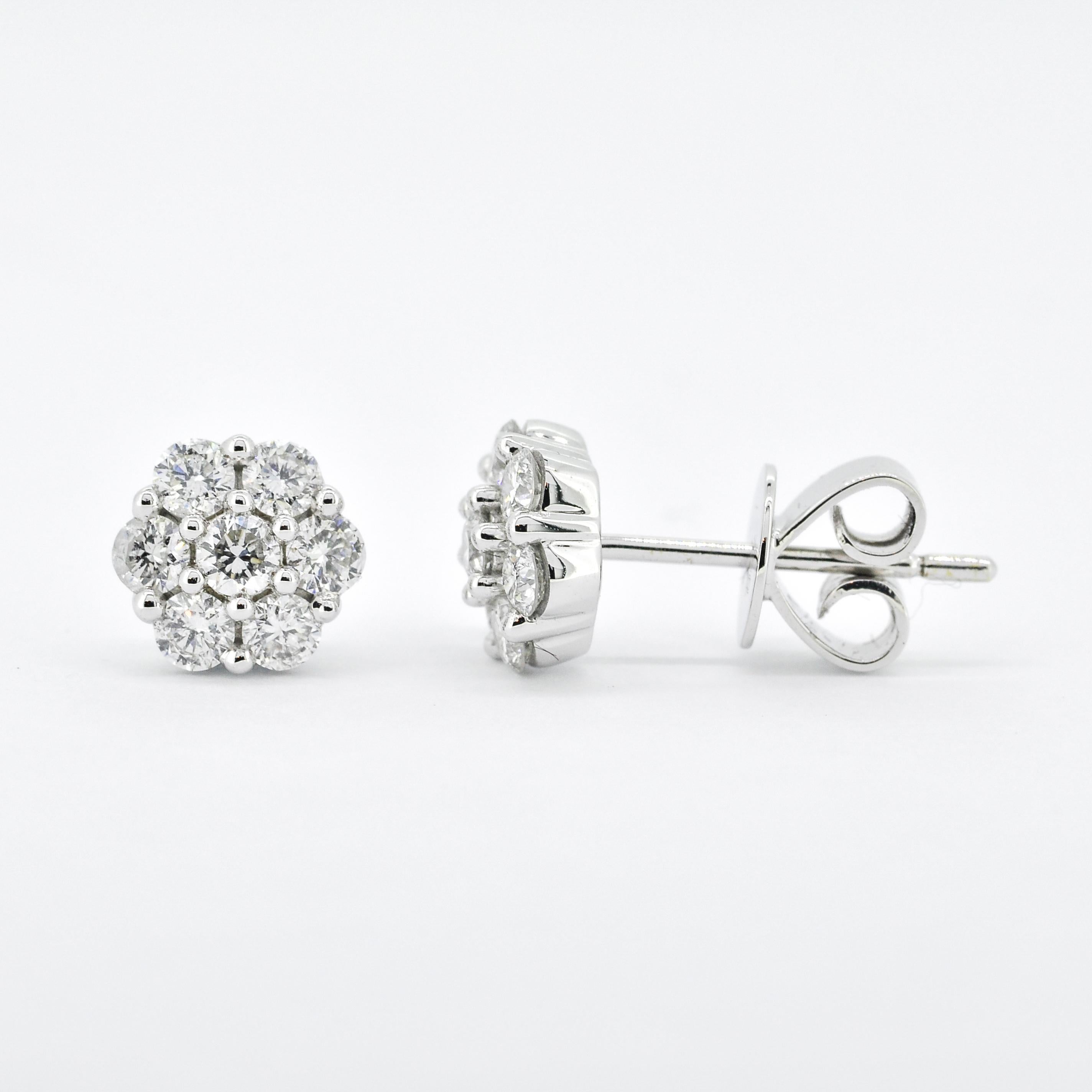 Artisan  Natural Diamond 0.84 carats 18 Karat White Gold Classic Cluster Stud Earrings For Sale