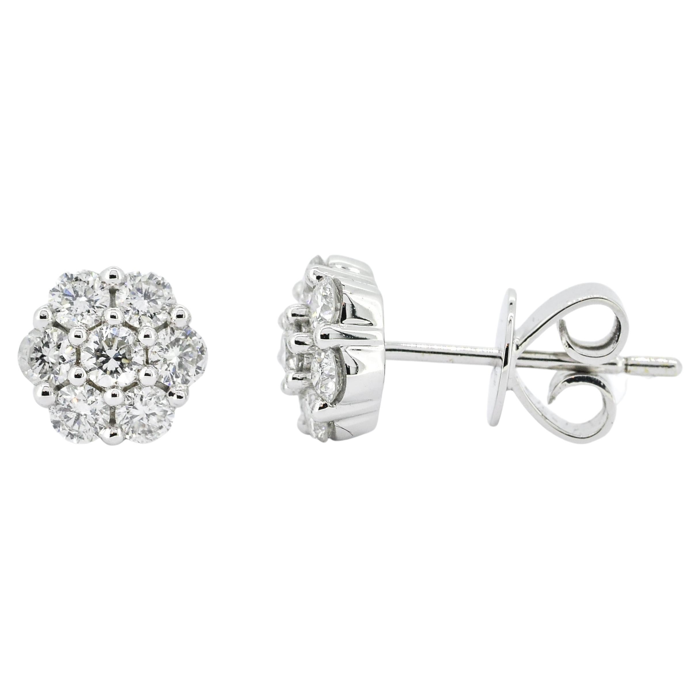  Natural Diamond 0.84 carats 18 Karat White Gold Classic Cluster Stud Earrings