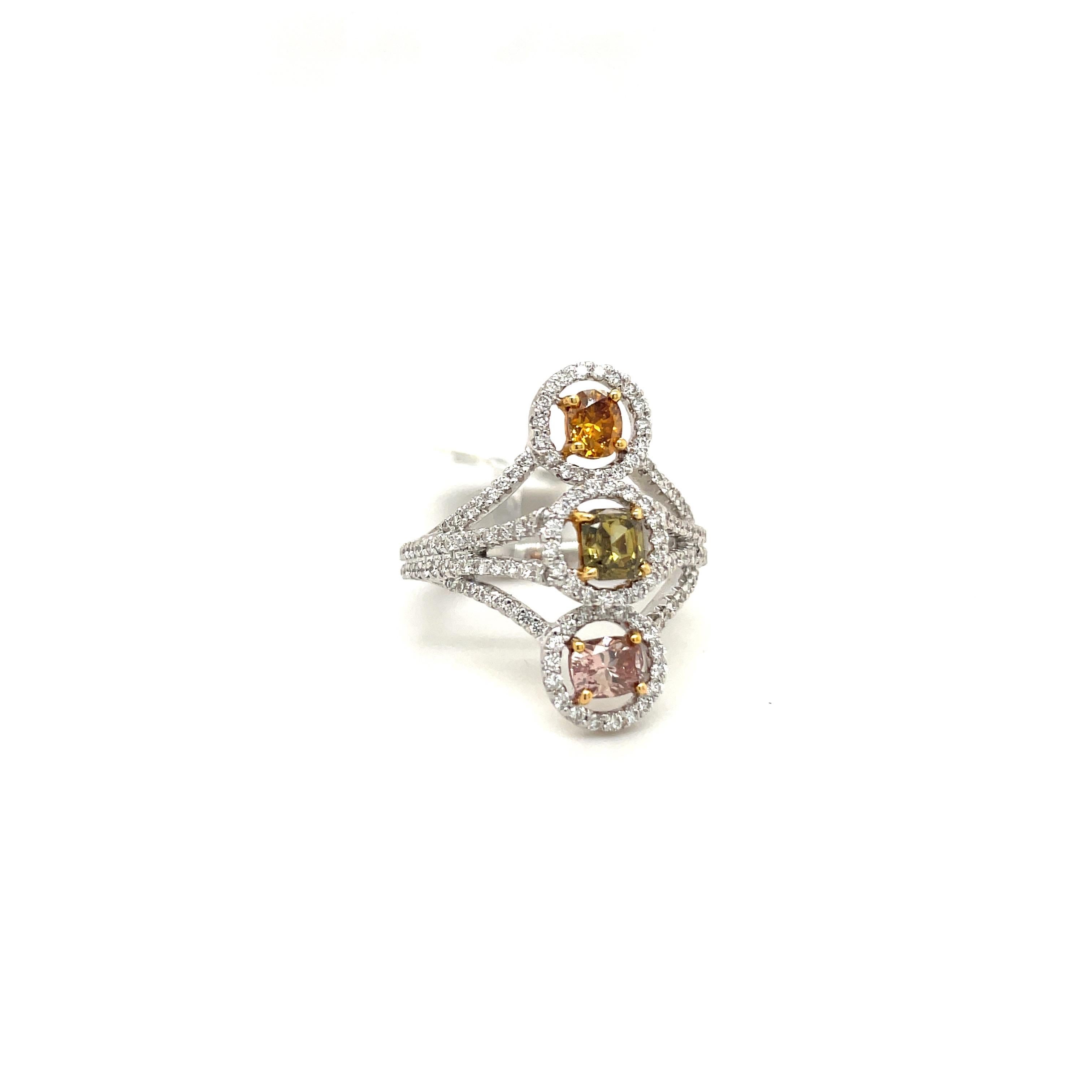 Women's or Men's 18 Karat White Gold Fancy Colored 1.02 Carat Orange, Green, & Pink Diamond Ring For Sale