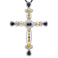 18 Karat Weißgold Fancy Colored Diamanten und Perlen Kreuz, schwarze Diamantkette