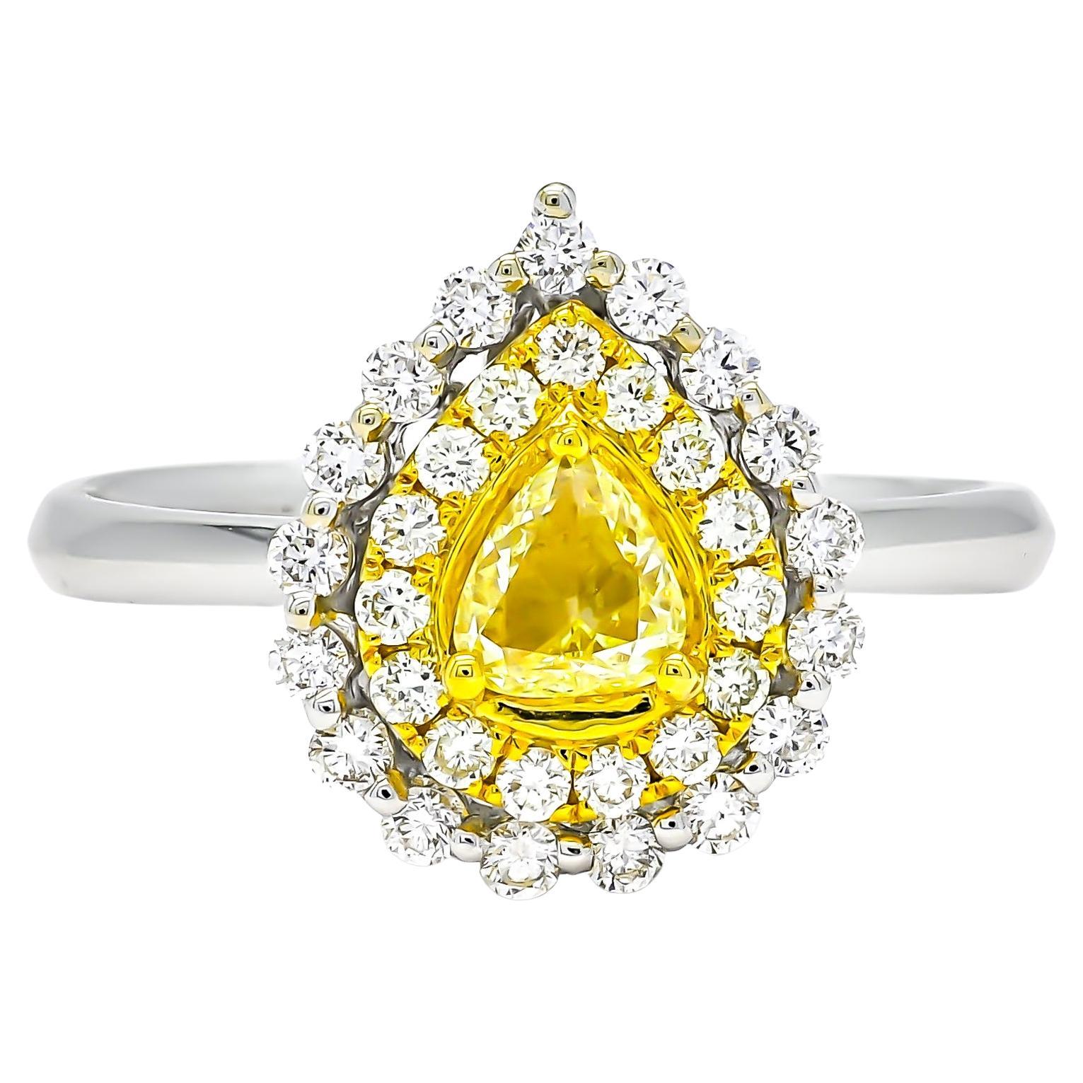 Verlobungsring aus 18KT Weißgold mit gelben Diamanten in Birnenform und doppeltem Halo