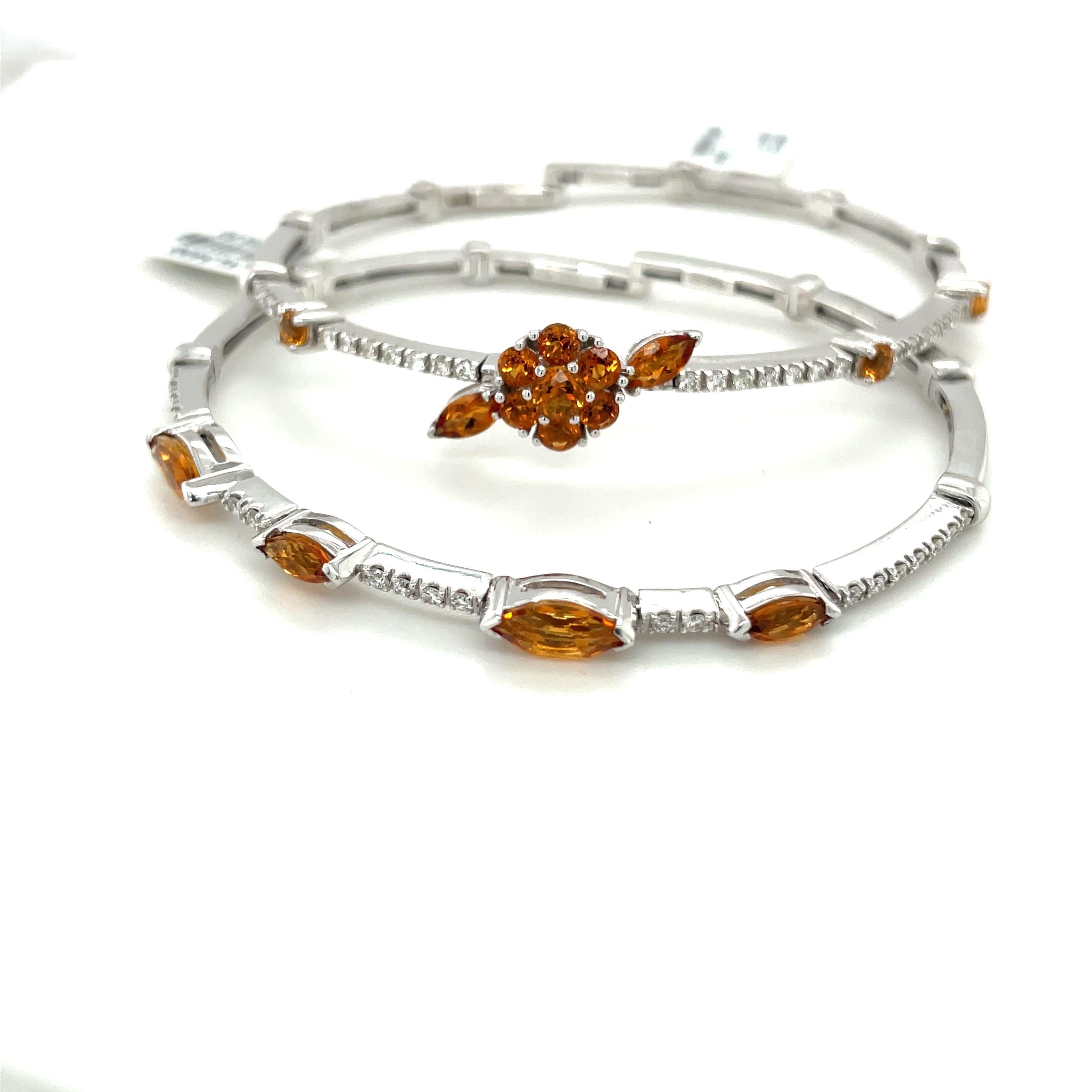Marquise Cut 18KT White Gold Flexible Bangle with Citrine Flower and Diamond Accents  For Sale