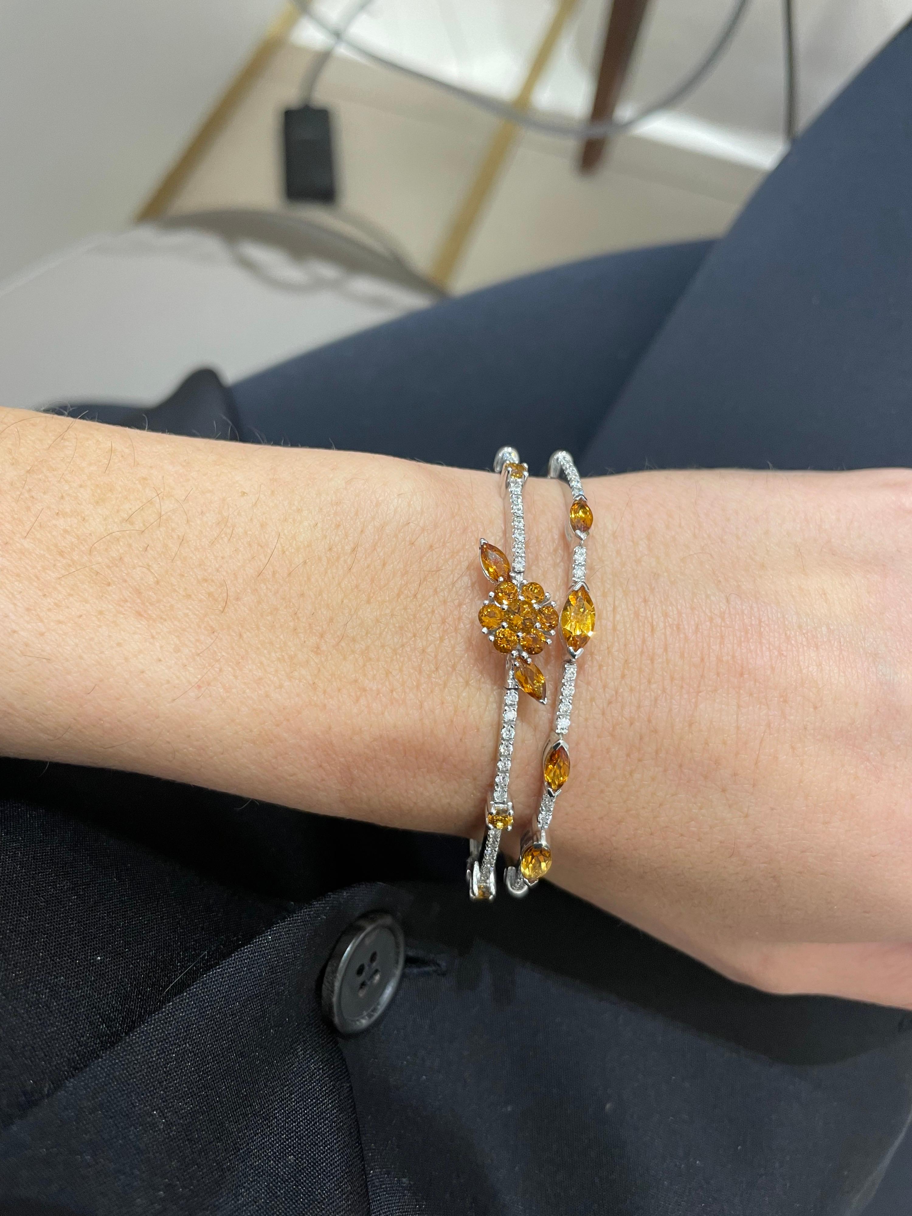 18KT White Gold Flexible Bangle with Citrine Flower and Diamond Accents  In New Condition For Sale In New York, NY