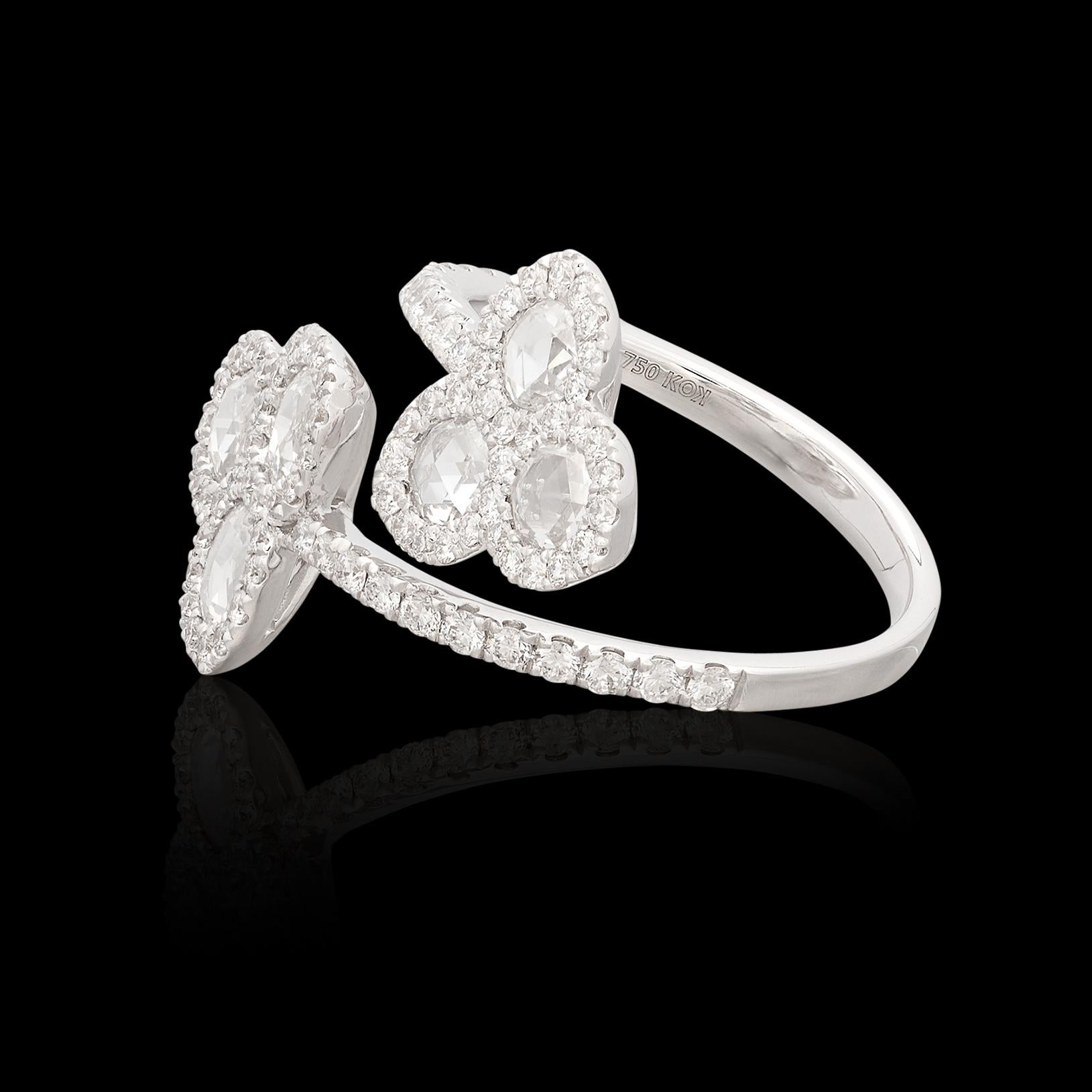18kt White Gold Floral Diamond Bypass Ring In New Condition For Sale In San Francisco, CA