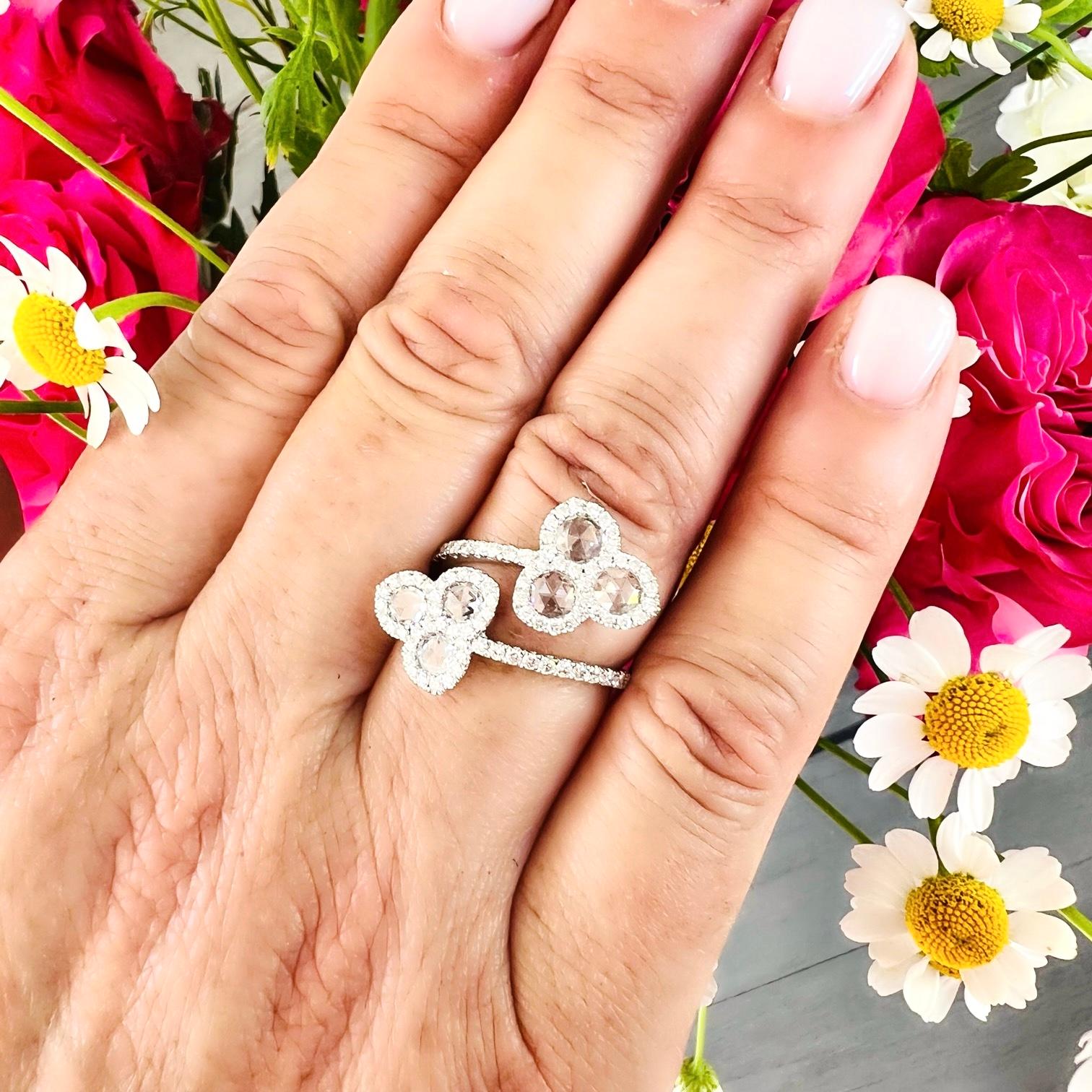Women's 18kt White Gold Floral Diamond Bypass Ring For Sale