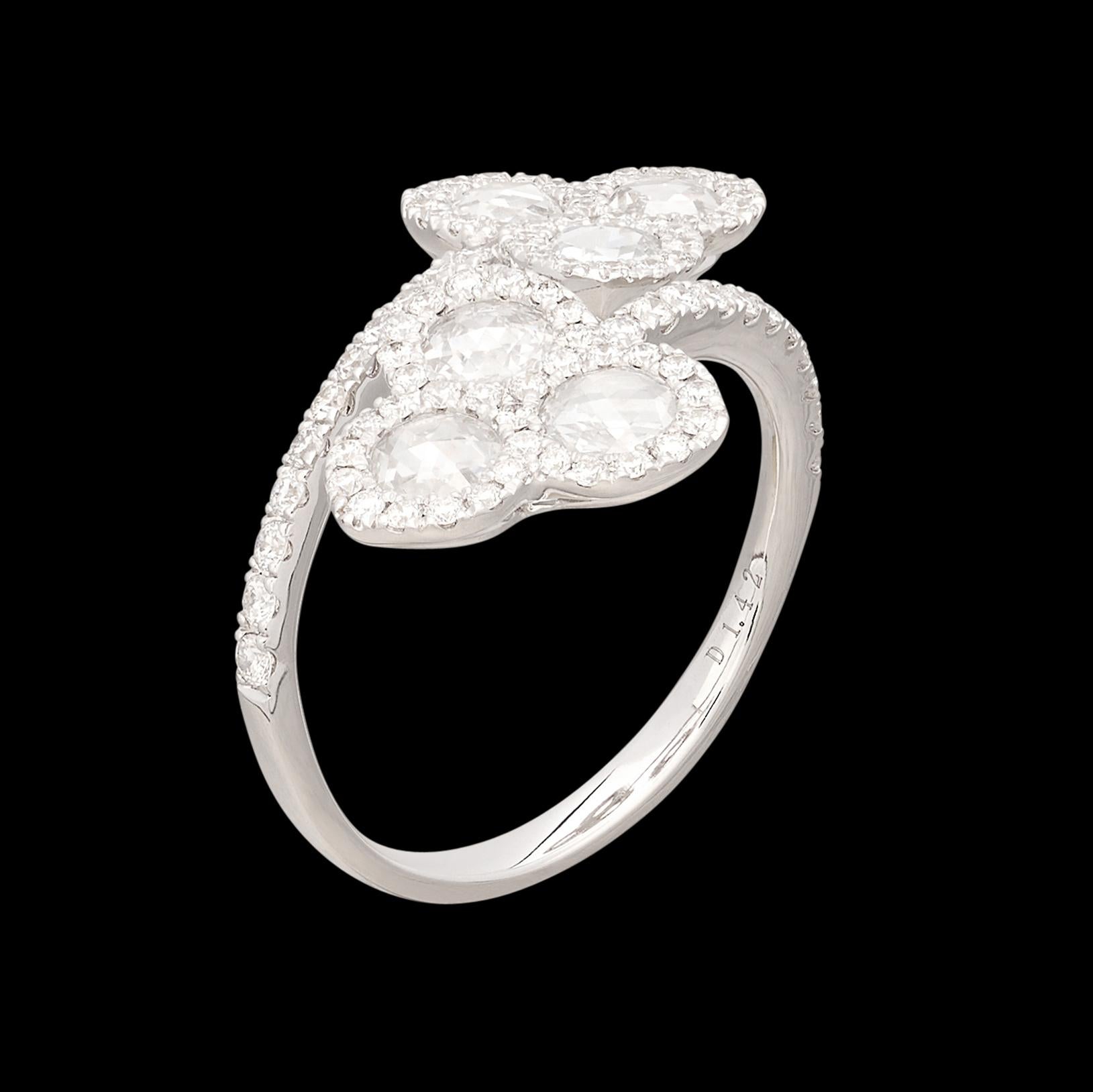 18kt White Gold Floral Diamond Bypass Ring For Sale 1