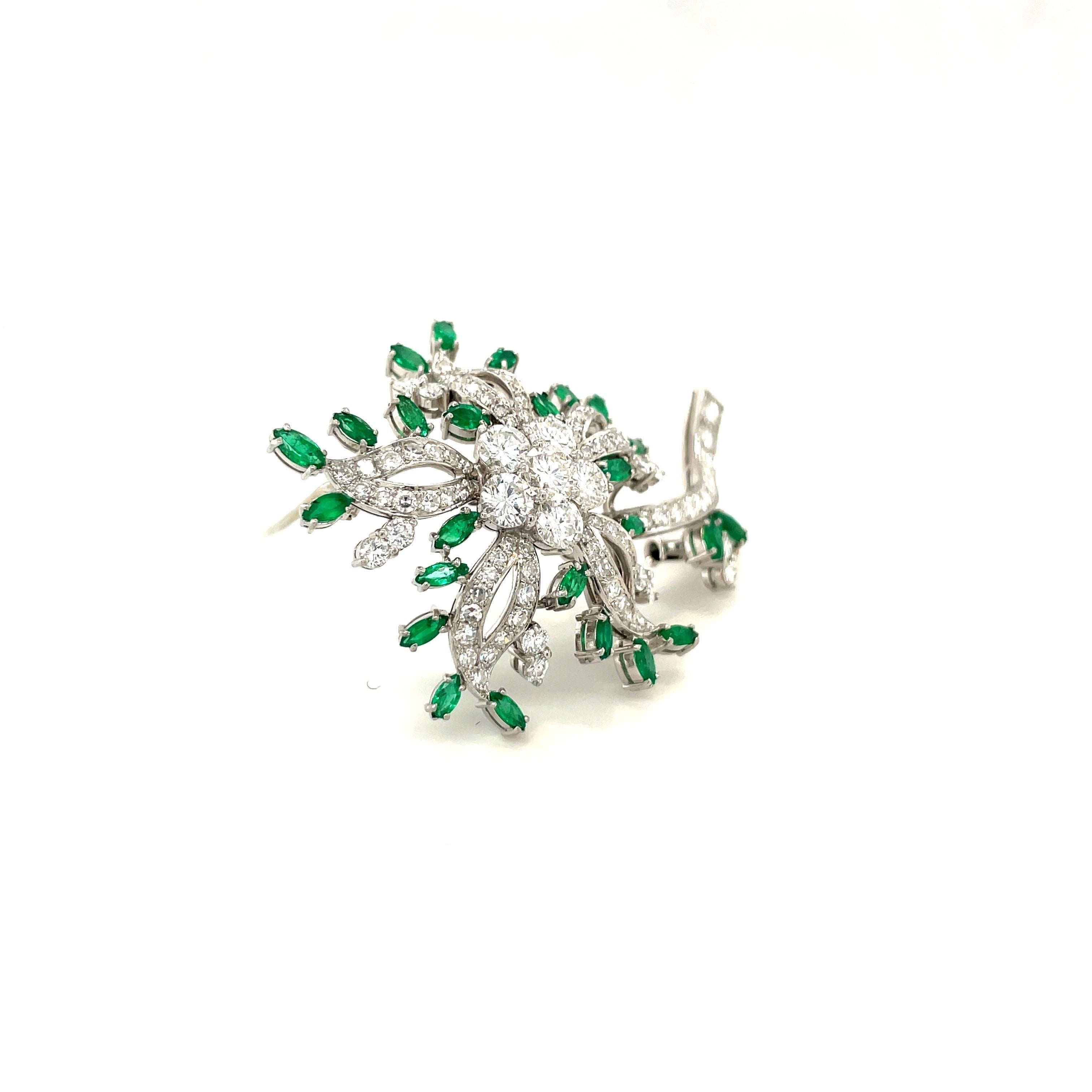 Marquise Cut 18Kt White Gold Flower Brooch with 2.94 Ct Diamonds and 1.60 Ct Emeralds For Sale
