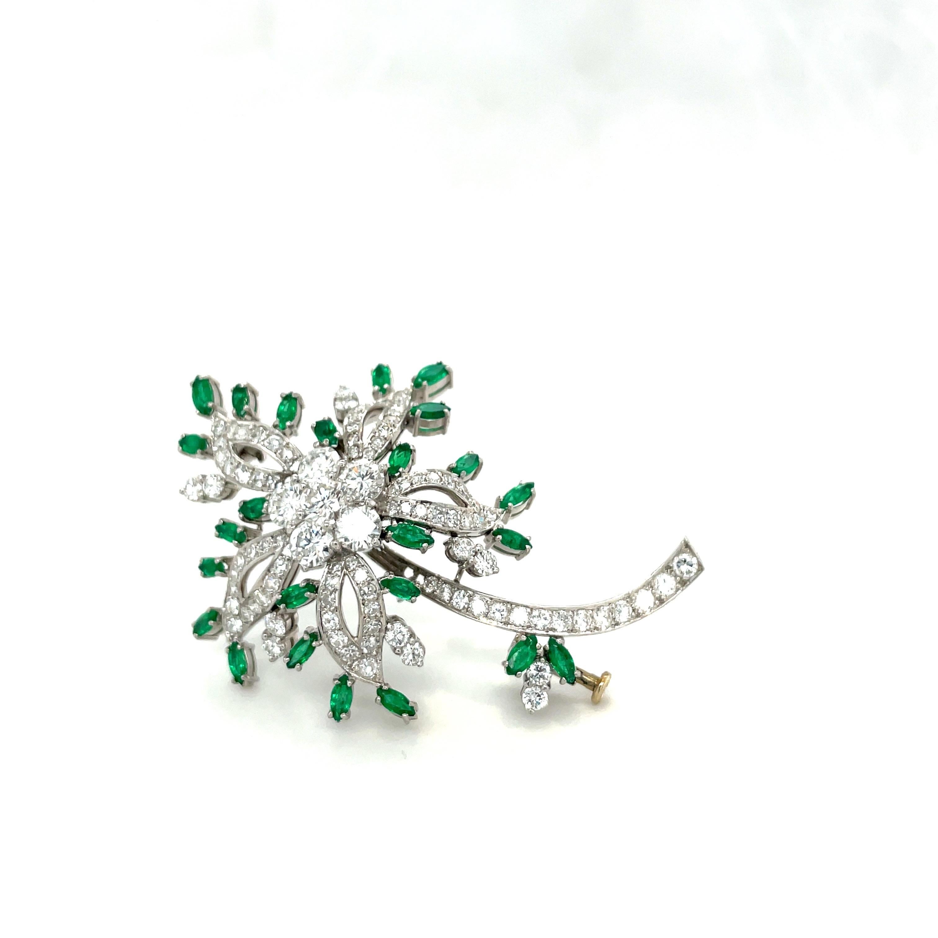 Women's or Men's 18Kt White Gold Flower Brooch with 2.94 Ct Diamonds and 1.60 Ct Emeralds For Sale