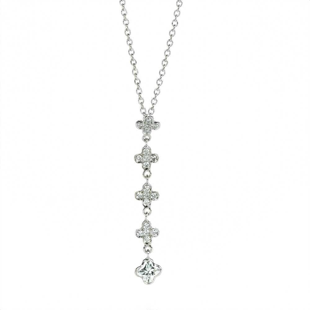 18 KT white gold 5 flower diamond pendant drop,18 inch chain   .1 LILY CUT ® flower shape diamond H color VS SI clarity  0.30 cts . additional 0..14 ct round diamond accent . overall length of drop 1 3/8 inch. 3.5 cm .  overall size 18 inch necklace