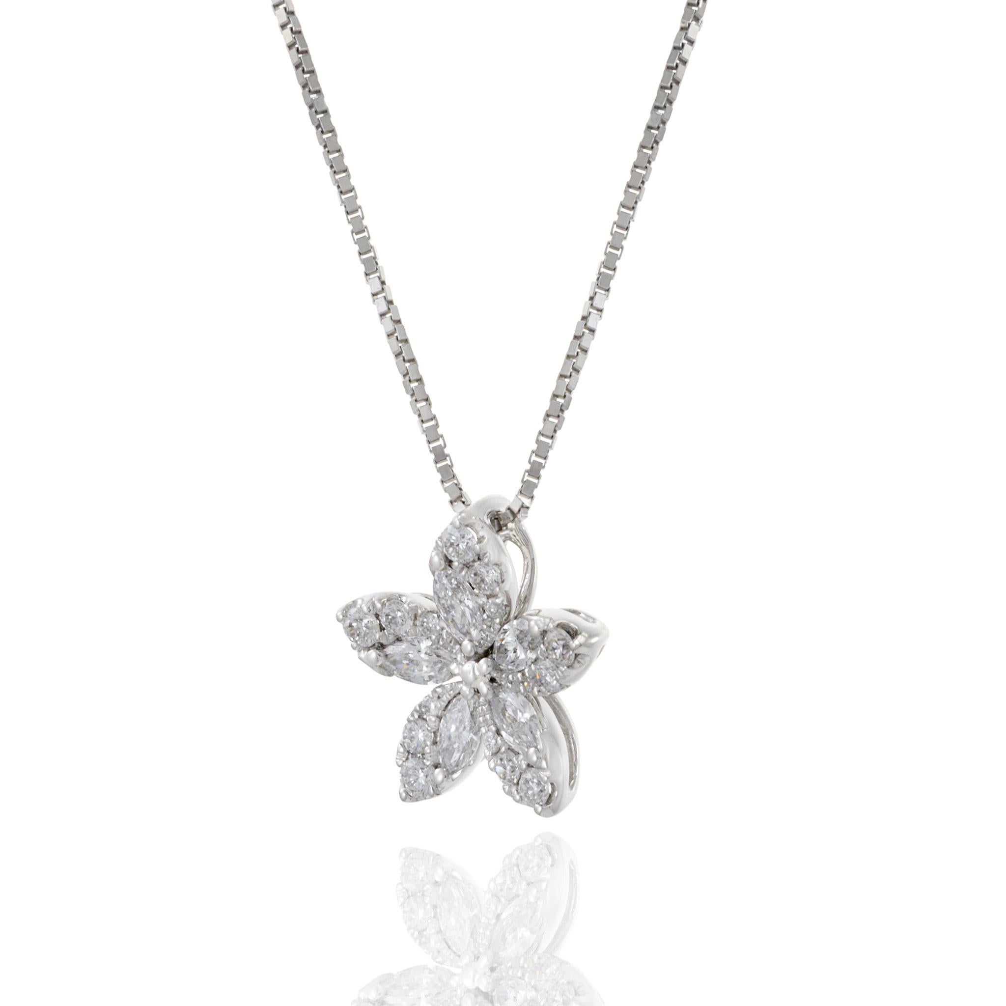 Mixed Cut 18KT White Gold Flower Diamond Pendant For Sale