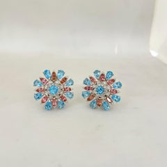 18 Karat Gold Flower Earrings with Blue Topaz, Pink Tourmaline and Diamonds