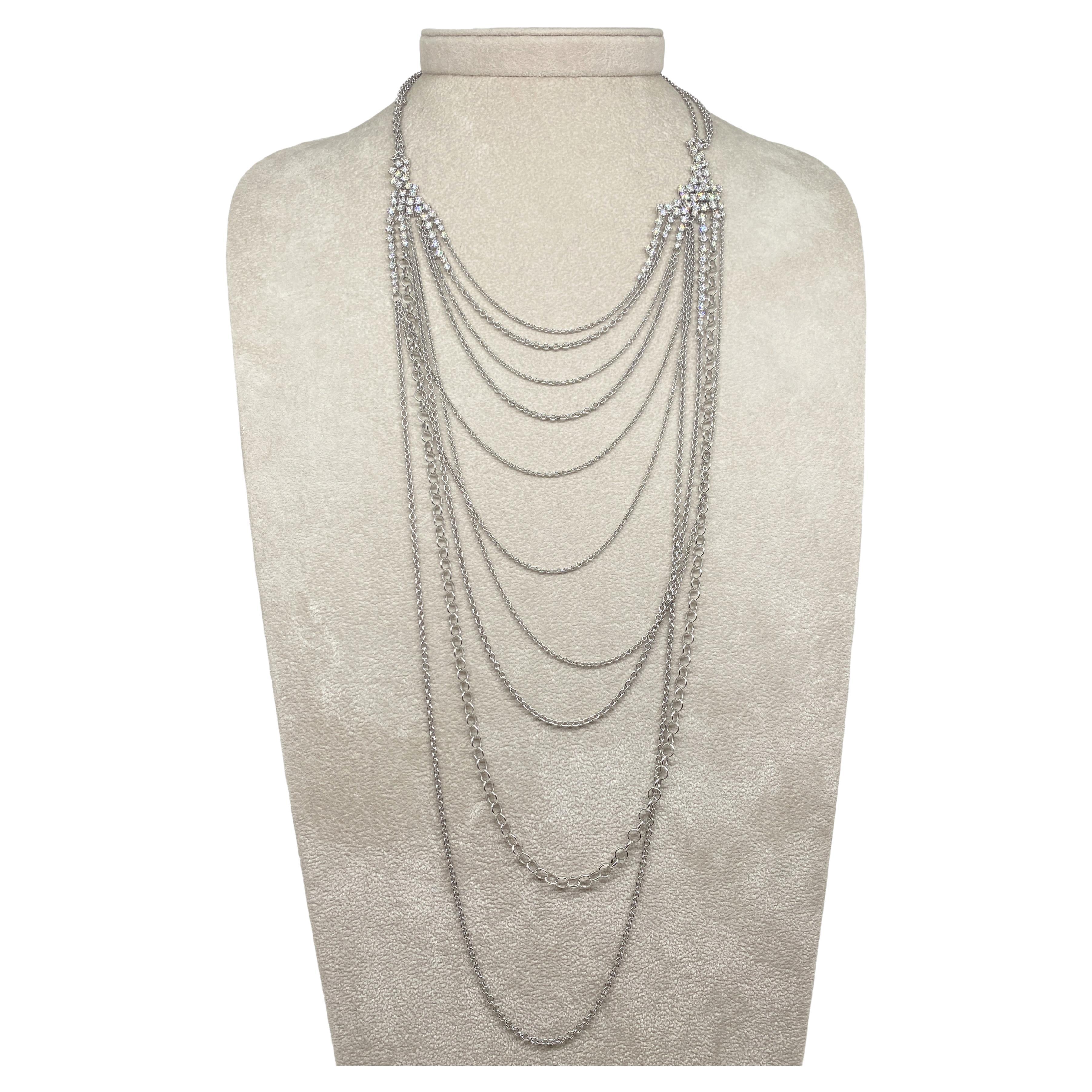 18k White Gold Fratelli Staurino Signed Long Necklace 4.18ct White Diamonds For Sale