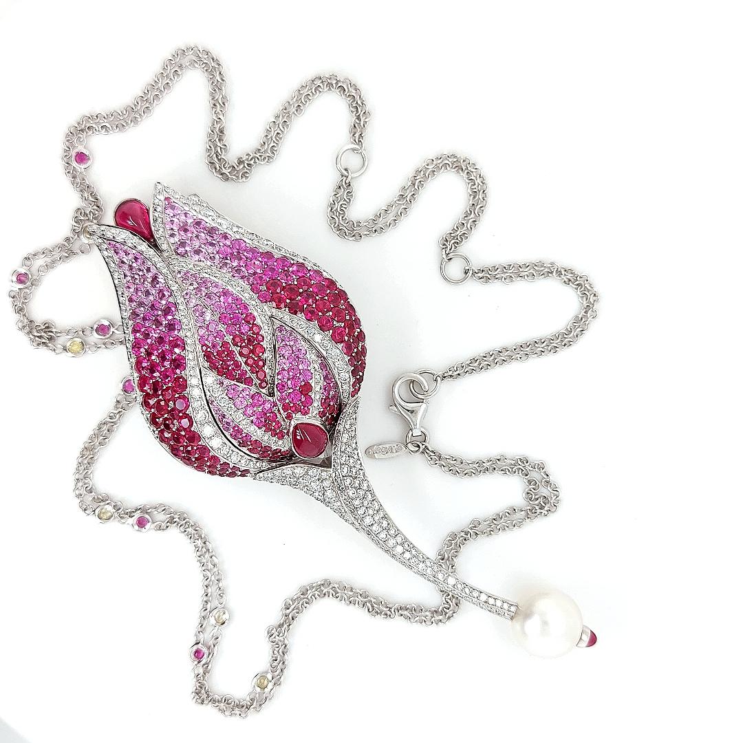 18 Karat Gold Fred Paris Tulip/Rose Brooch, Pendant with Diamonds, Ruby & Pearl For Sale 3