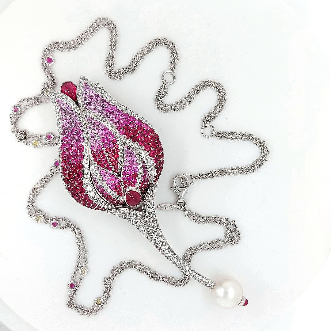 18 Karat Gold Fred Paris Tulip/Rose Brooch, Pendant with Diamonds, Ruby & Pearl For Sale 4