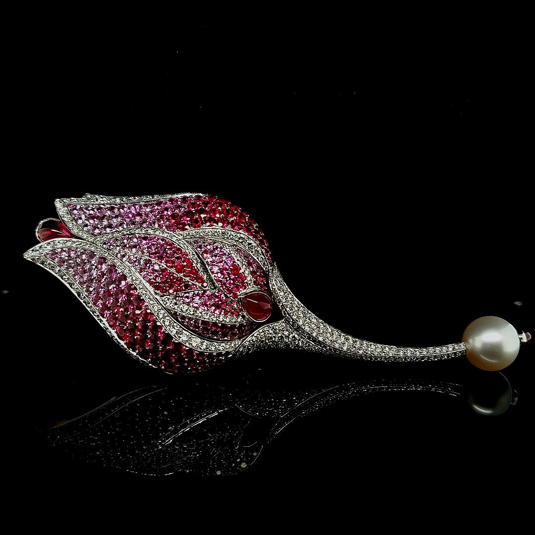 18 Karat Gold Fred Paris Tulip/Rose Brooch, Pendant with Diamonds, Ruby & Pearl For Sale 6