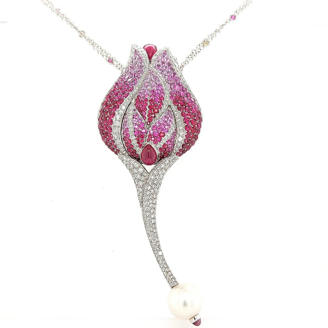 Women's or Men's 18 Karat Gold Fred Paris Tulip/Rose Brooch, Pendant with Diamonds, Ruby & Pearl For Sale