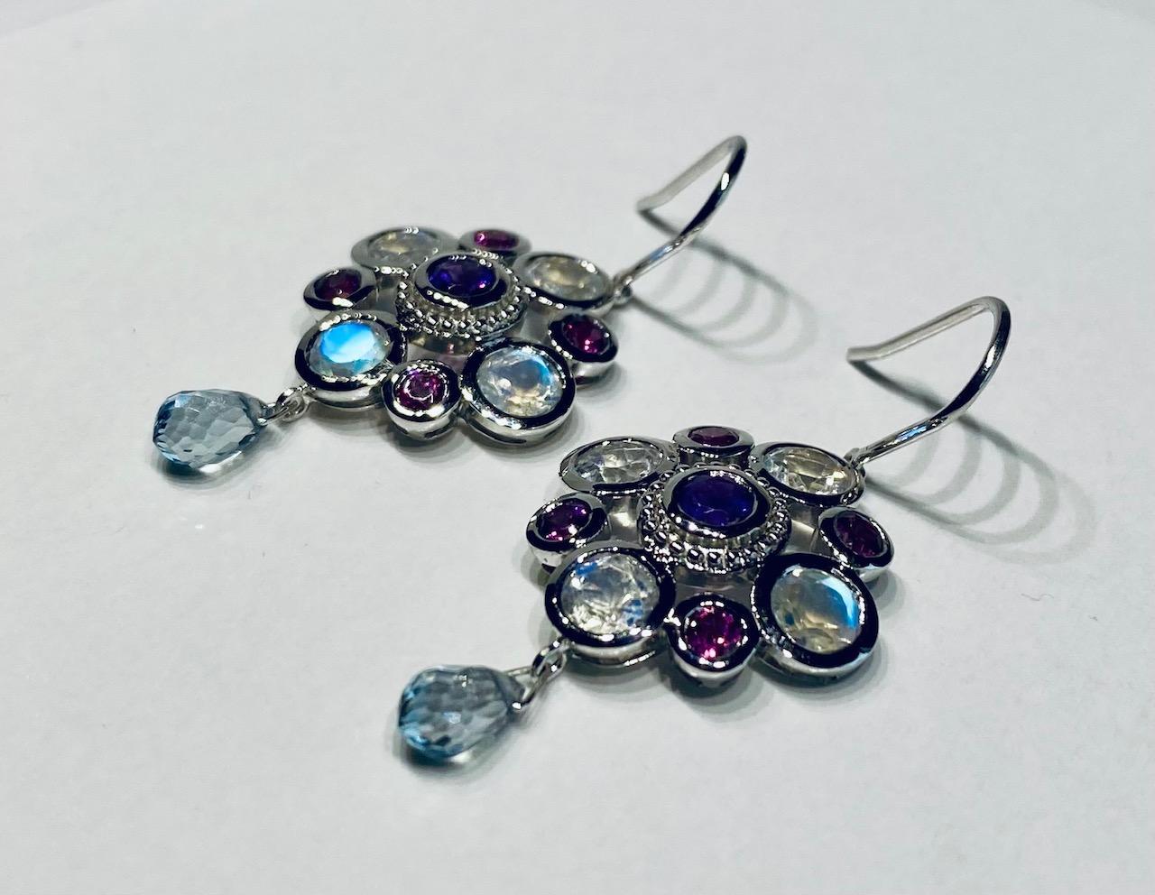 Round Cut 18kt White Gold Earrings with Moonstone, Garnet, Amethyst & Sapphire For Sale
