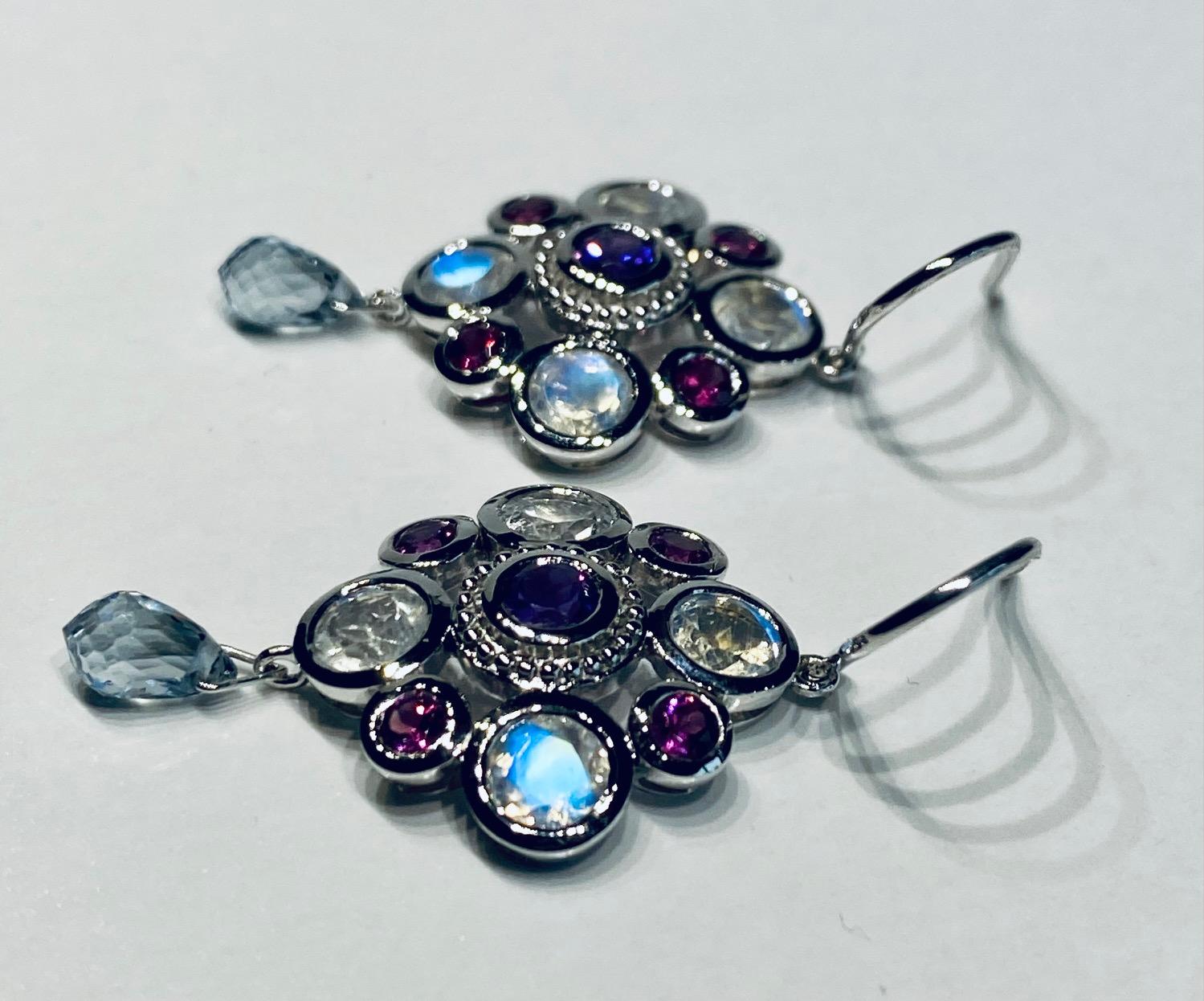 18kt White Gold Earrings with Moonstone, Garnet, Amethyst & Sapphire In New Condition For Sale In Seattle, WA