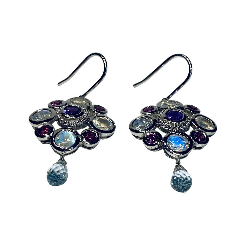 Kary Adam Designed, 18kt White Gold French Hook Earrings with Moonstone, Garnet, Amethyst & Sapphire Briolettes. Elegant styling, magnificent brilliance and color set these earrings apart from all others. 

Originally from San Diego, California,