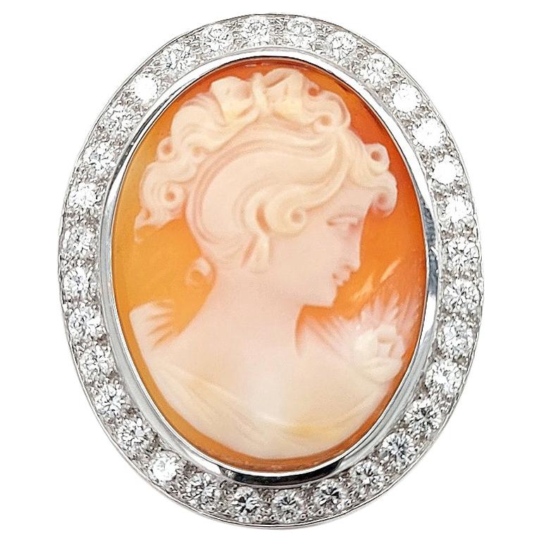 18kt White Gold French Victorian Style Cameo Brooch with Large Diamonds For Sale