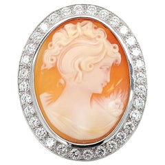 Vintage 18kt White Gold French Victorian Style Cameo Brooch with Large Diamonds