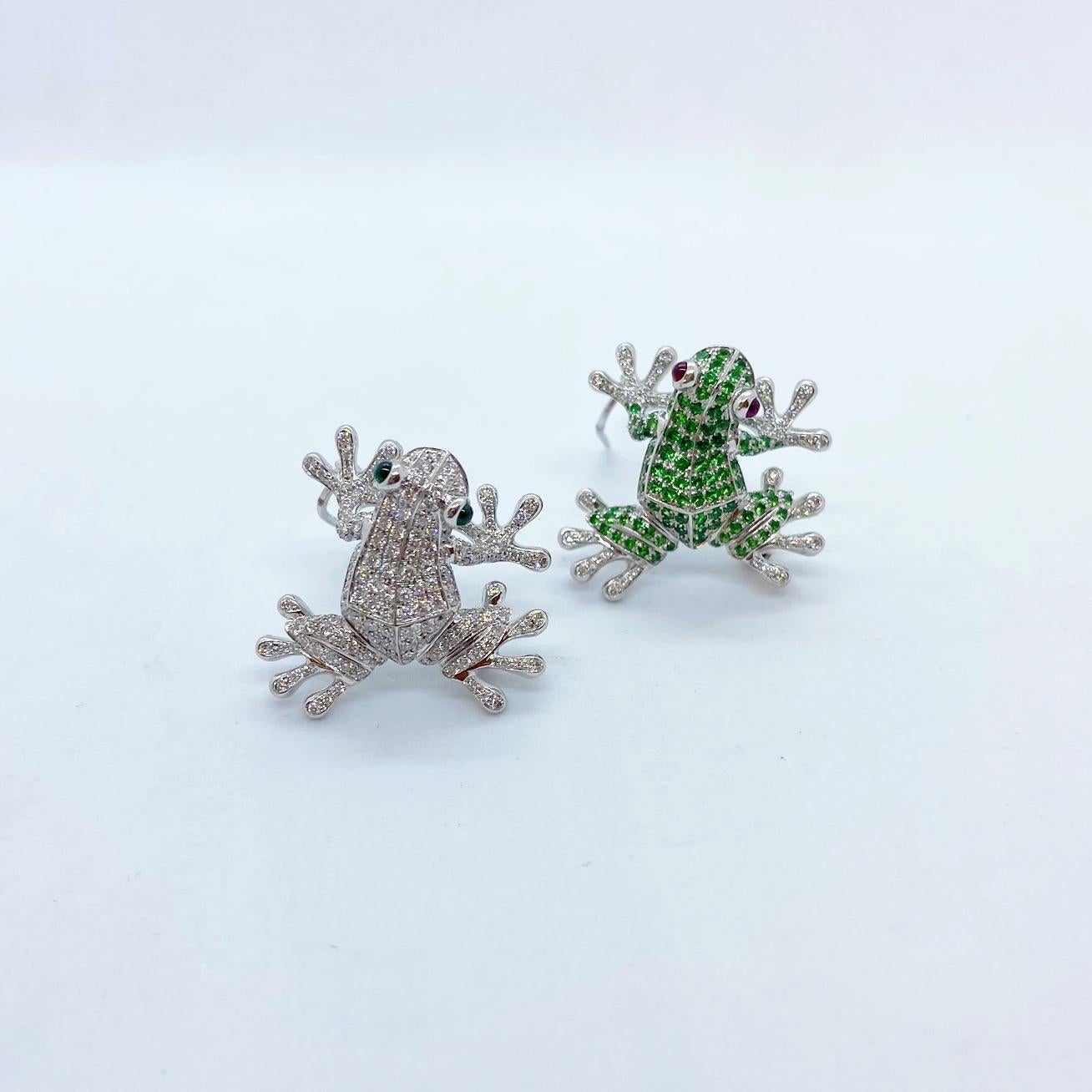 18 Karat White Gold Frog Brooch with 1.70 Carat Tsavorite, Diamond, and Ruby In New Condition In New York, NY