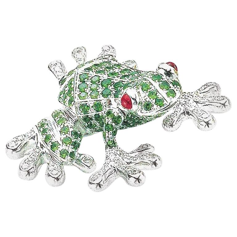 18 Karat White Gold Frog Brooch with 1.70 Carat Tsavorite, Diamond, and Ruby