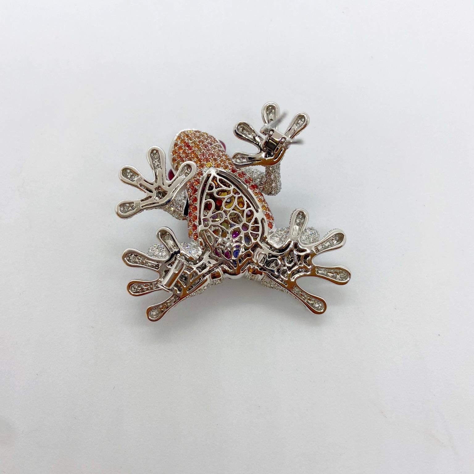 18Kt White Gold Frog Brooch with Diamonds and 6.70 Carat Multicolored Sapphires 1