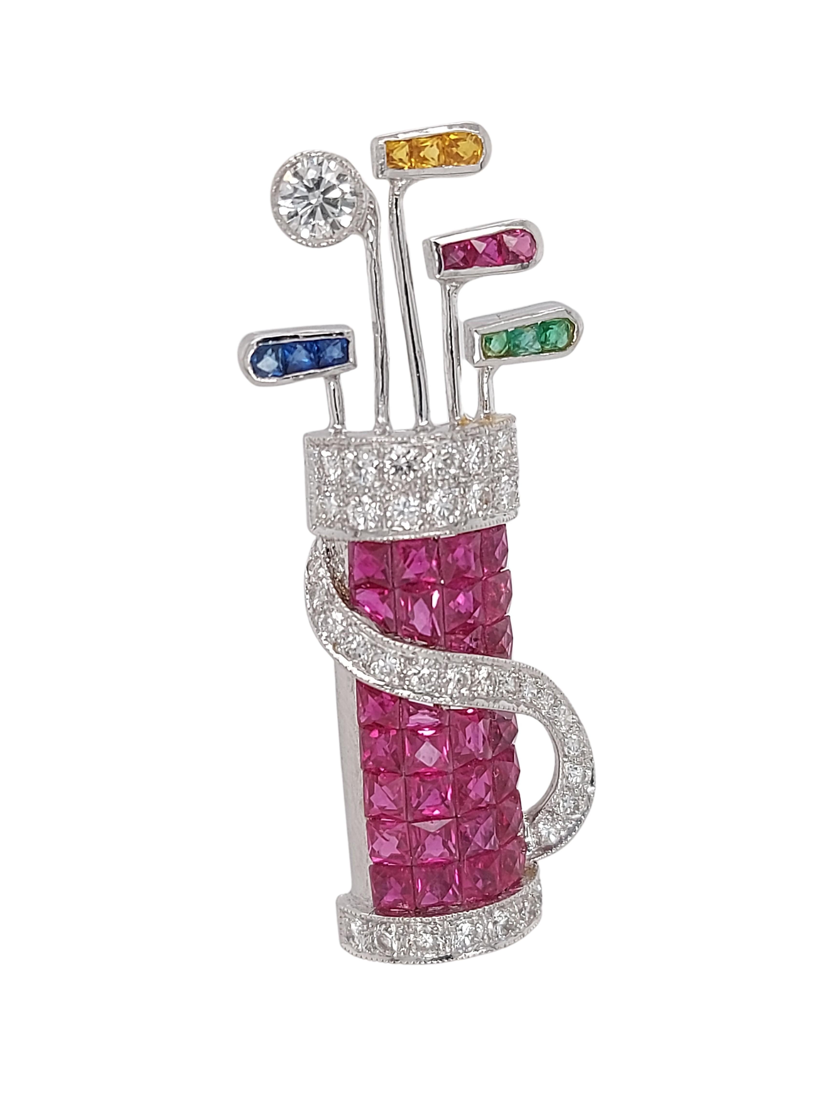 18kt White Gold Gem set Golf Club Bag Set With Diamond, Ruby, Emerald,Sapphire Hanger/Brooch

Amazing work of art pendant/brooch with beautiful invisible ruby setting.

31 ruby
3 citrine
3 emerald

Diamonds: Brilliant cut diamonds together approx.